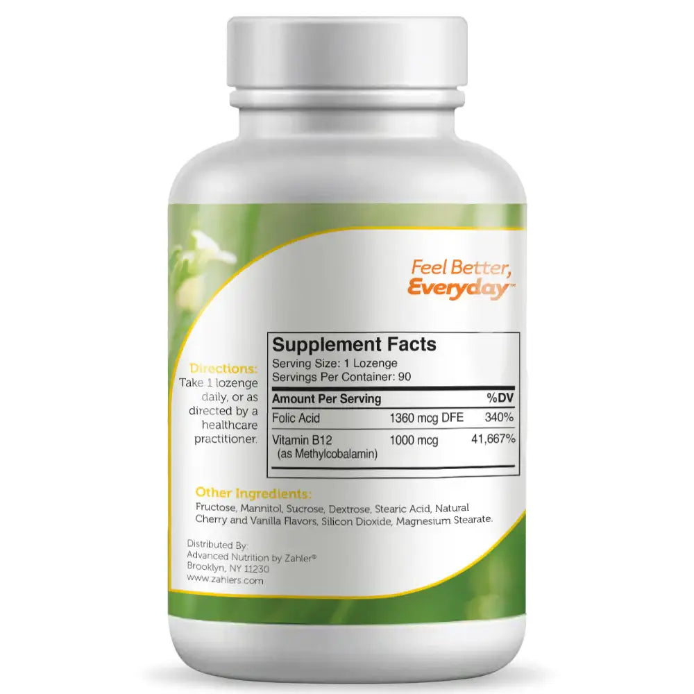 Zahler B12 Energizer Lozenges - Methylated B12 1000 mcg with Folate for Energy Mood & Nerve Support - Cherry Flavor - 90 180 360 Count - HSA FSA Eligible