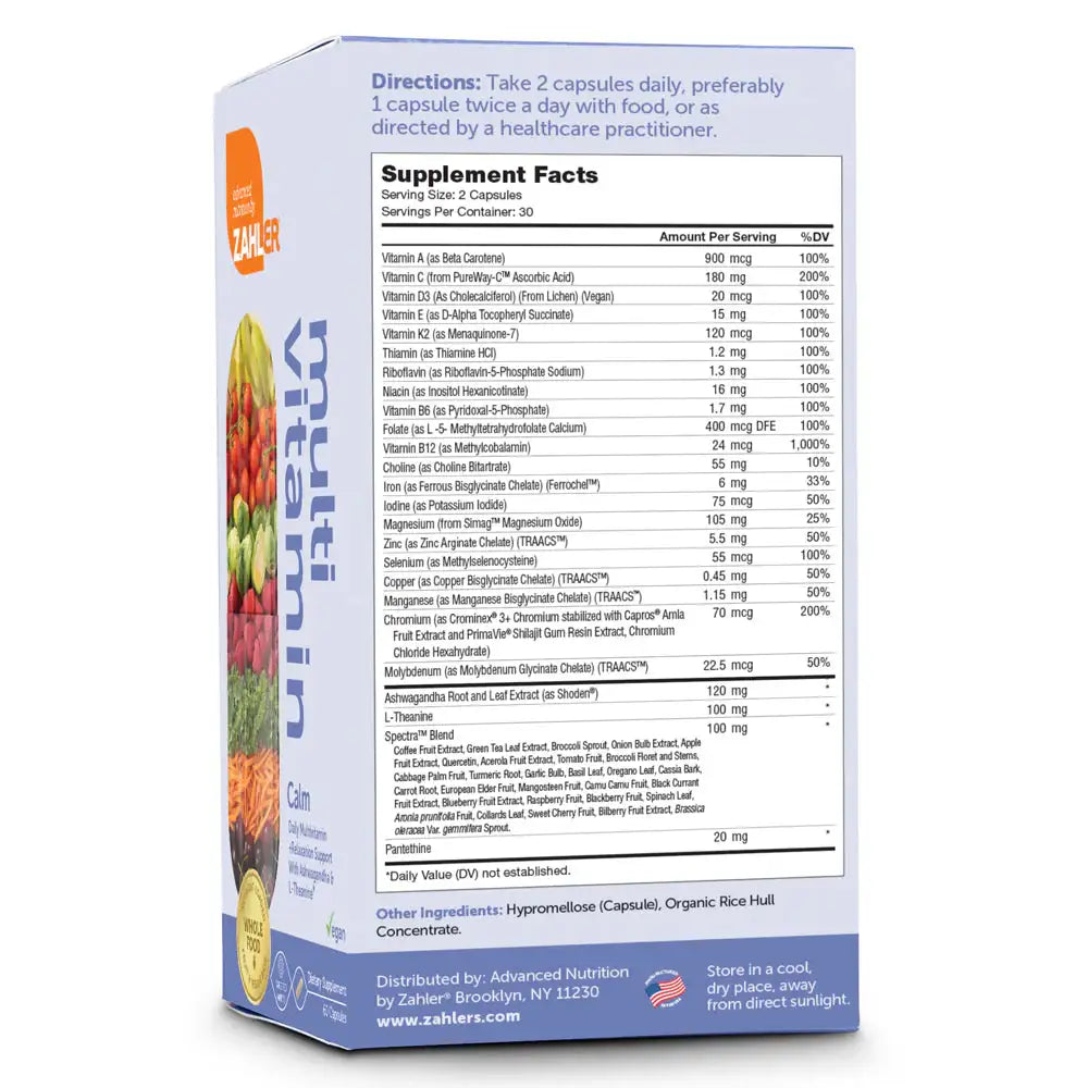 Zahler Multivitamin Calm with Ashwagandha & L-Theanine - Whole Food  Relaxation & Mood Support - Vegan Daily Formula - 60 Capsules - HSA/FSA Eligible
