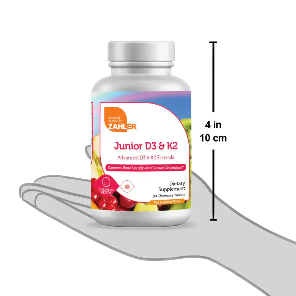 Zahler Junior D3 & K2 - Children's Bone & Immune Support - 2000 IU  D3 + 30 mcg K2 - Peach Apricot Chewable Tablets - 90 Count - HSA/FSA Eligible