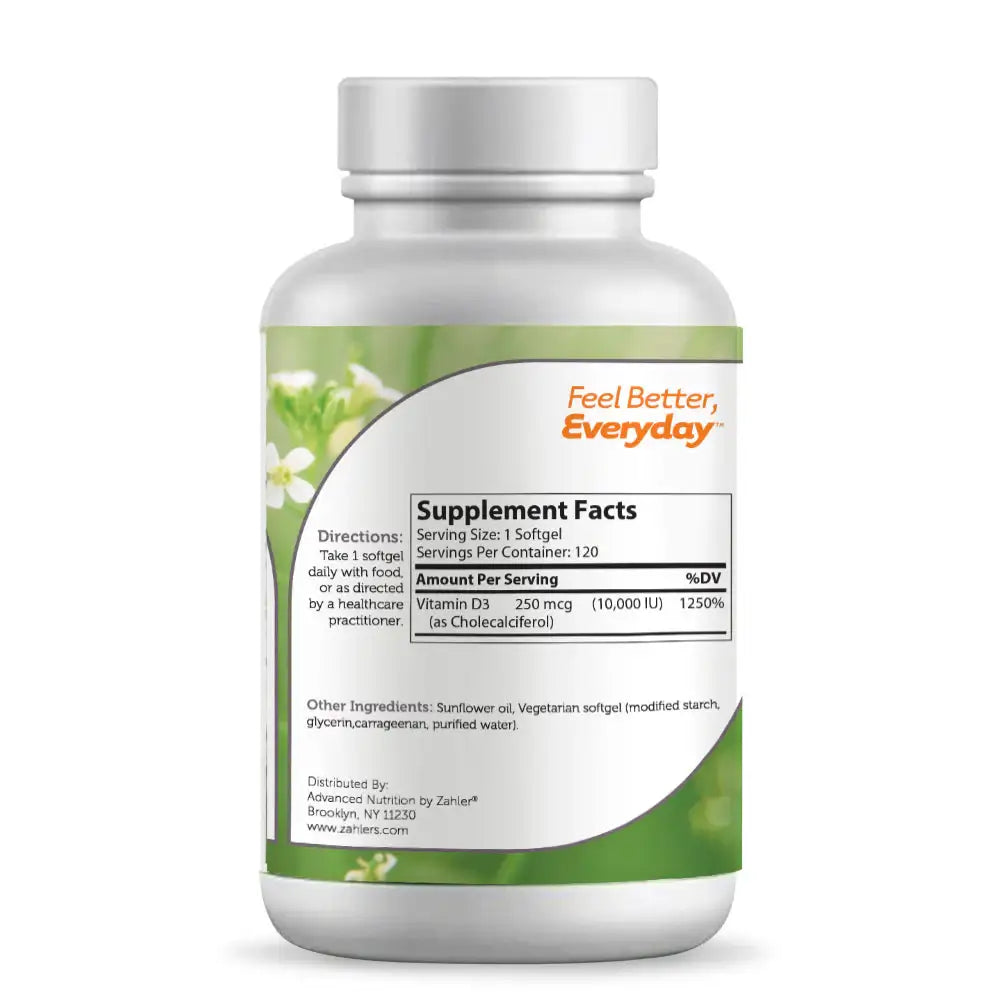 Zahler Vitamin D3 10,000 IU Softgels 120 and 250 Count - High Potency Bone and Immune Support - Easy-to-Swallow - HSA/FSA Eligible