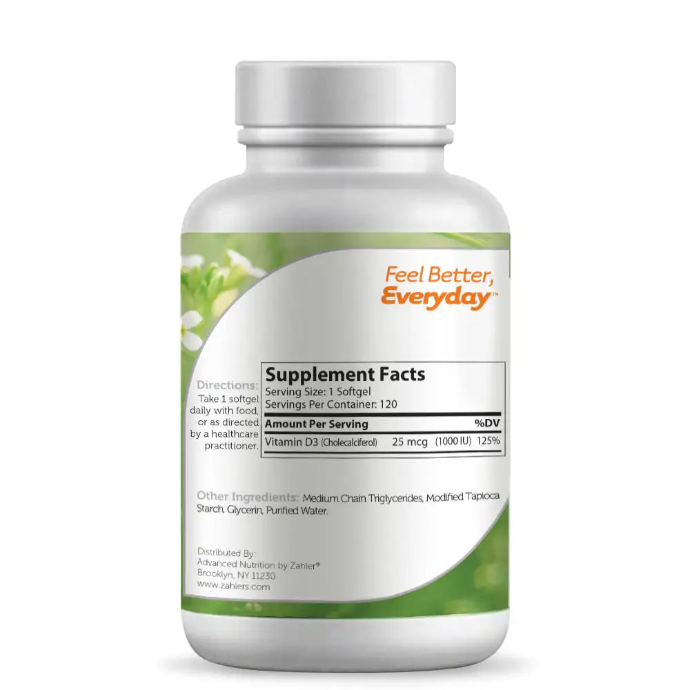 Zahler Vitamin D3 1000 IU Softgels 120 and 250 Count - High Potency Bone and Immune Support - Easy-to-Swallow - HSA/FSA Eligible