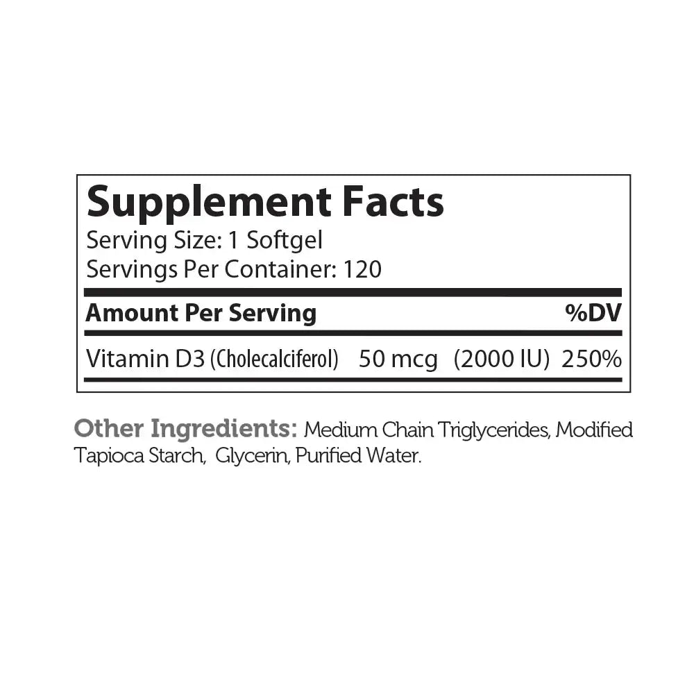 Zahler Vitamin D3 2000 IU Softgels 120 and 250 Count - High Potency Bone and Immune Support - Easy-to-Swallow - HSA/FSA Eligible