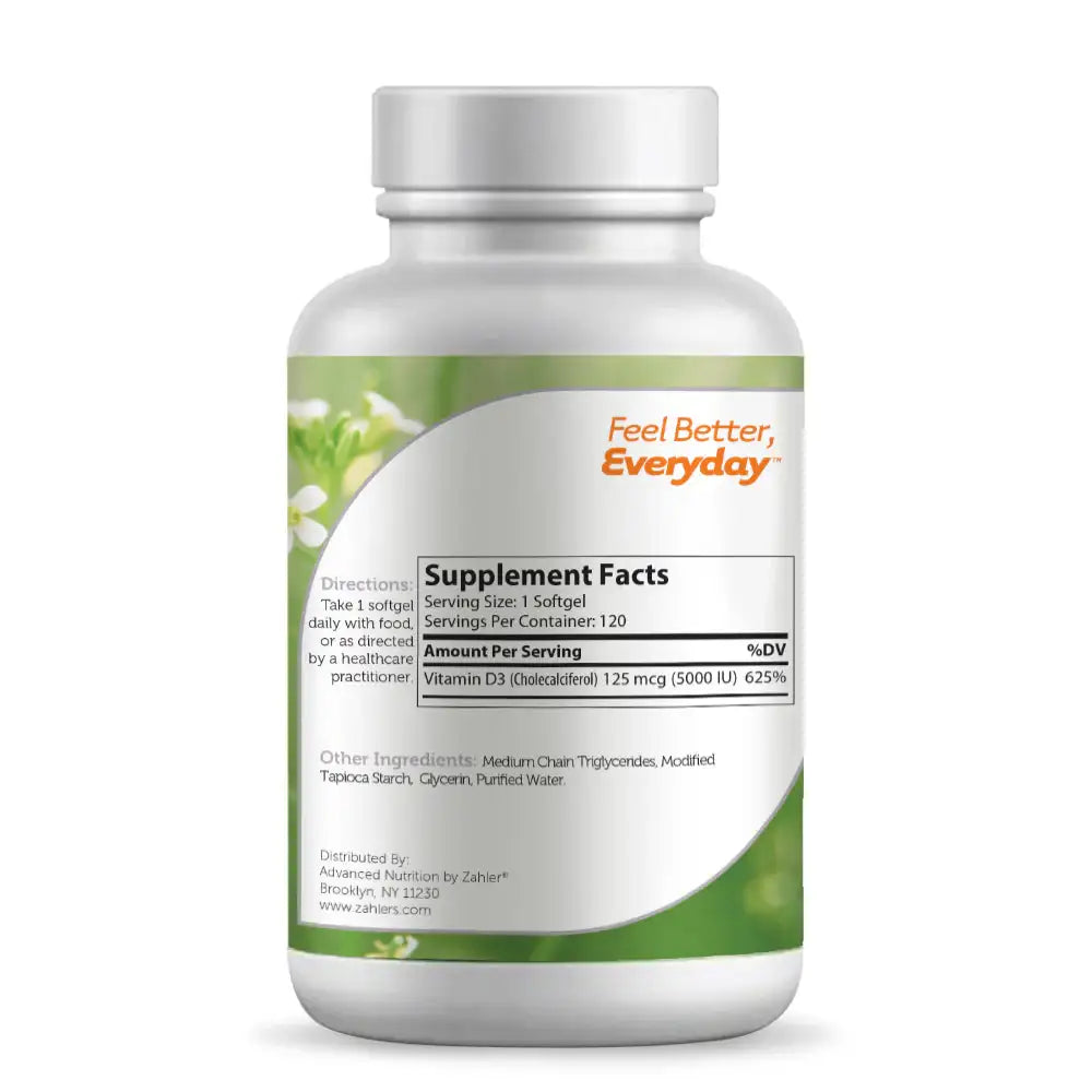 Zahler Vitamin D3 5000 IU Softgels 120 and 250 Count - High Potency Bone and Immune Support - Easy-to-Swallow - HSA/FSA Eligible