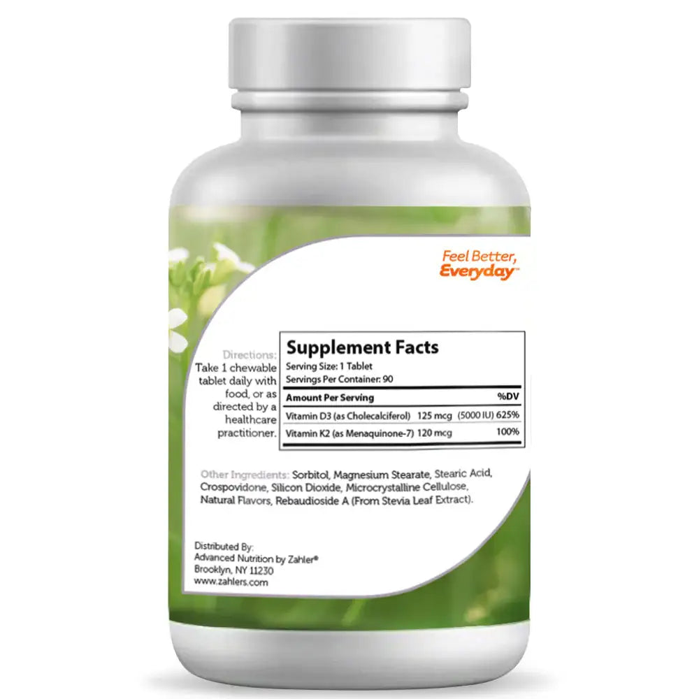 Zahler Vitamin D3 + K2 Chewable Tablets - 5000 IU D3 & 120 mcg K2 for Bone Density, Calcium Absorption & Immune Support - 90 Count - HSA/FSA Eligible