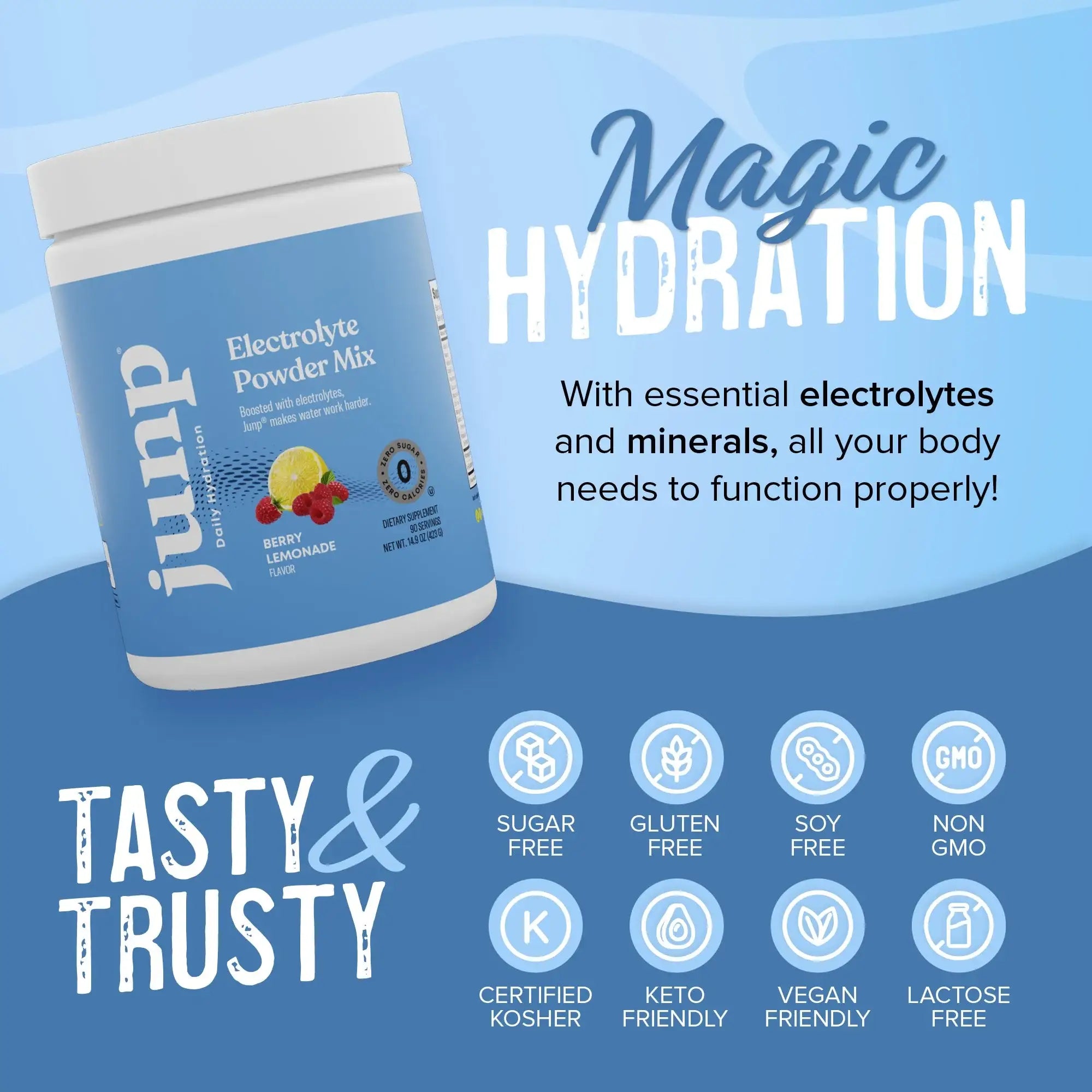 Junp Daily Hydration Electrolyte Powder Berry Lemonade - Sugar Free  Vegan Electrolytes with B12 and Minerals - 90 Servings - HSA FSA Eligible
