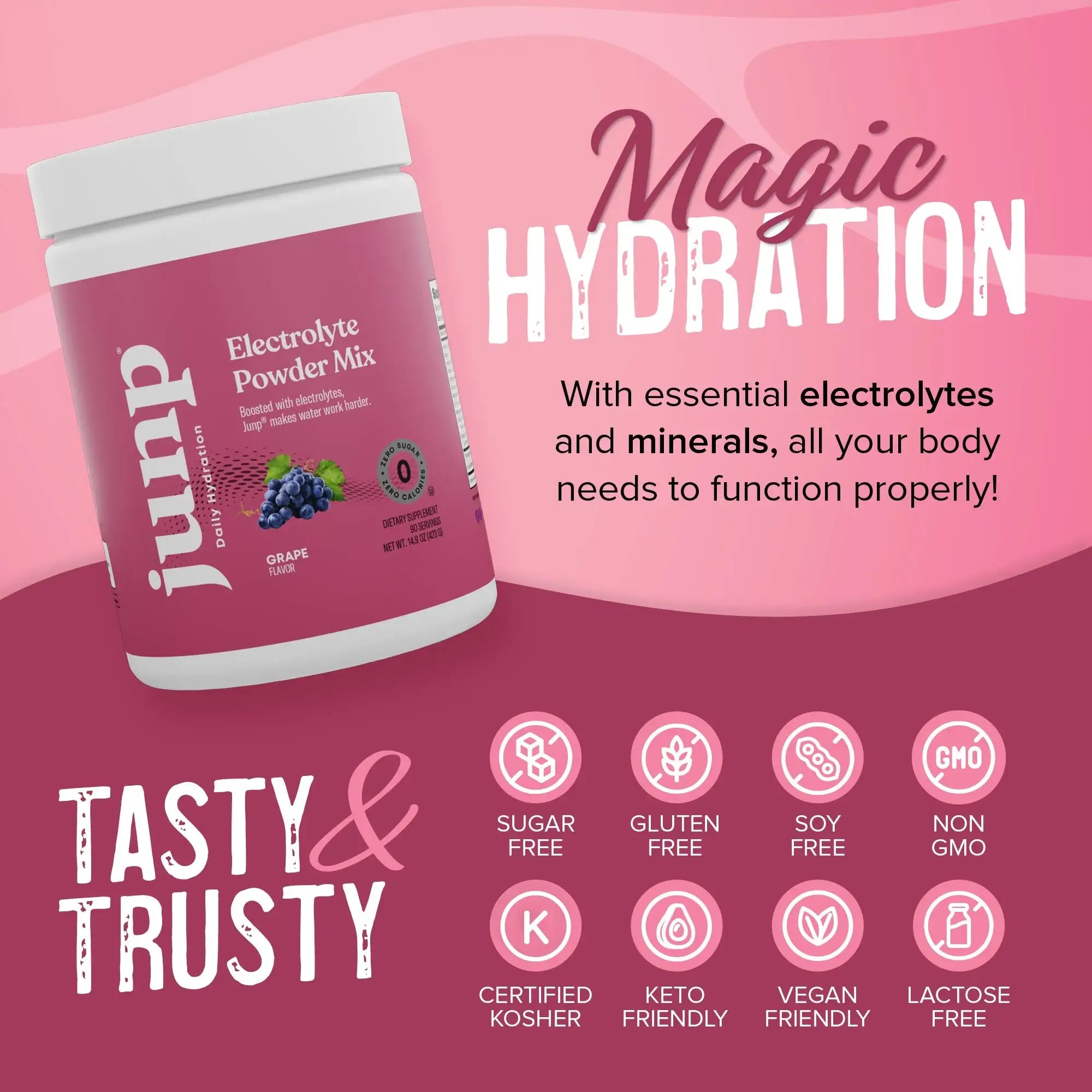 Junp Electrolyte Powder - Grape Flavor - Sugar-Free Hydration Mix with  Magnesium, Potassium, Zinc & B Vitamins - 90 Servings - Zero Calories