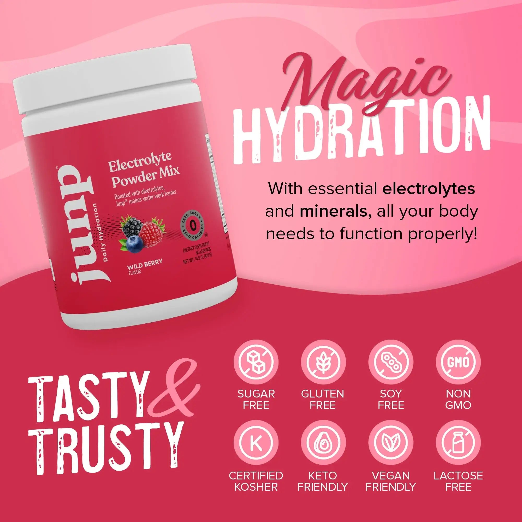 JUNP Electrolytes Powder No Sugar No Carbs – Wild Berry Fruit Flavor Drink Mix - Potassium & Salt Electrolyte Hydration Powder Zero Calorie Sugar Free Electrolyte Powder, Keto Friendly, 90 Servings