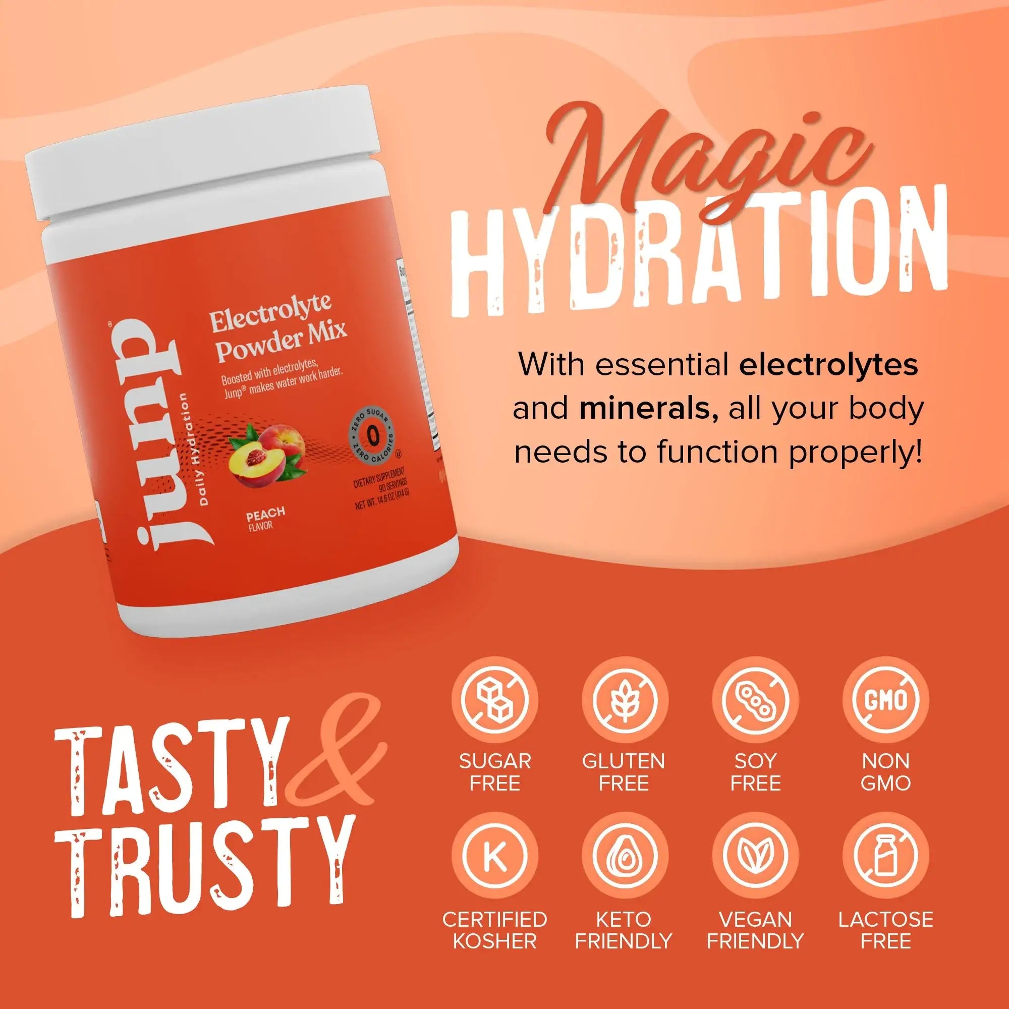 Junp Electrolyte Powder Mix - Peach Flavor - Zero Sugar - Vegan - Keto Friendly - 90 Servings - HSA/FSA Eligible Hydration Supplement