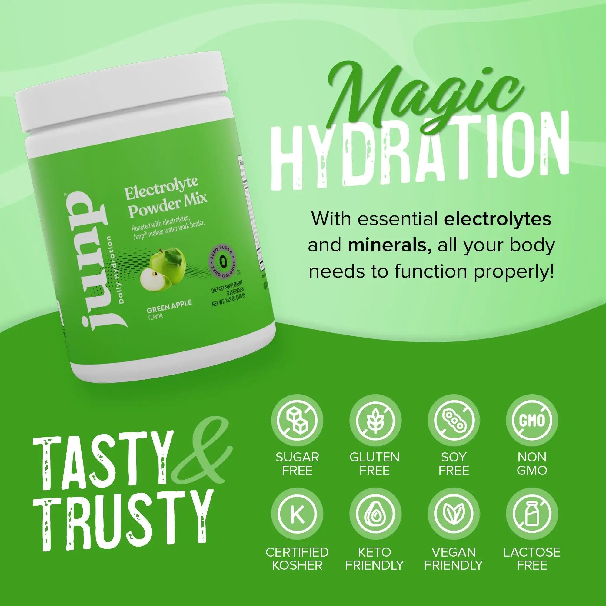 Junp Electrolyte Powder - Green Apple Flavor - Sugar-Free Hydration Mix  with Magnesium, Potassium, Calcium - 90 Servings - Zero Carbs & Calories