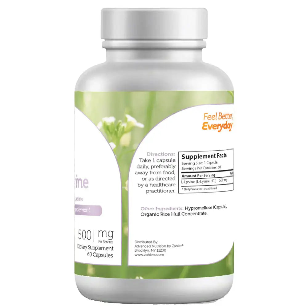 Zahler L-Lysine 500mg - Essential Amino Acid for Collagen & Skin Health - High Potency Supplement - 60 Capsules - HSA/FSA Eligible