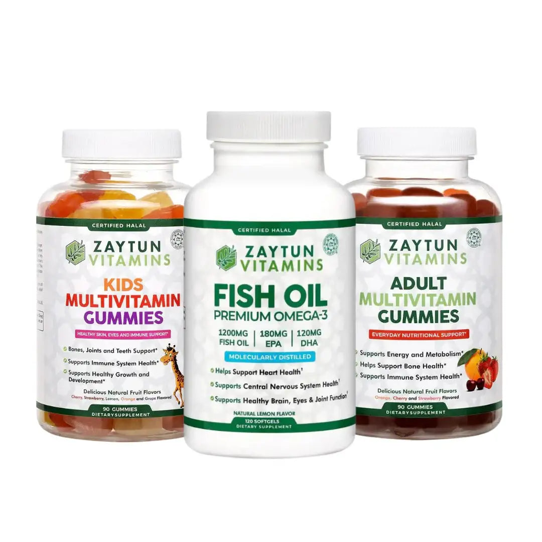 Zaytun Vitamins Fish Oil + Adult & Kids Multivitamin Gummies Bundle -  Omega 3 EPA DHA, Immune & Bone Support - Halal, 300 Gummies + 120 Softgels