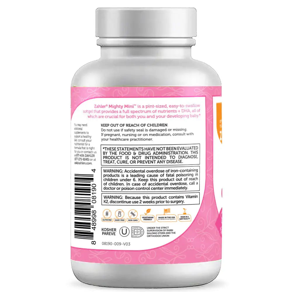 Zahler Mighty Mini - Small Prenatal Softgel with 19 Nutrients, 800mcg Folate & 100mg DHA - 90 Count - HSA/FSA Eligible