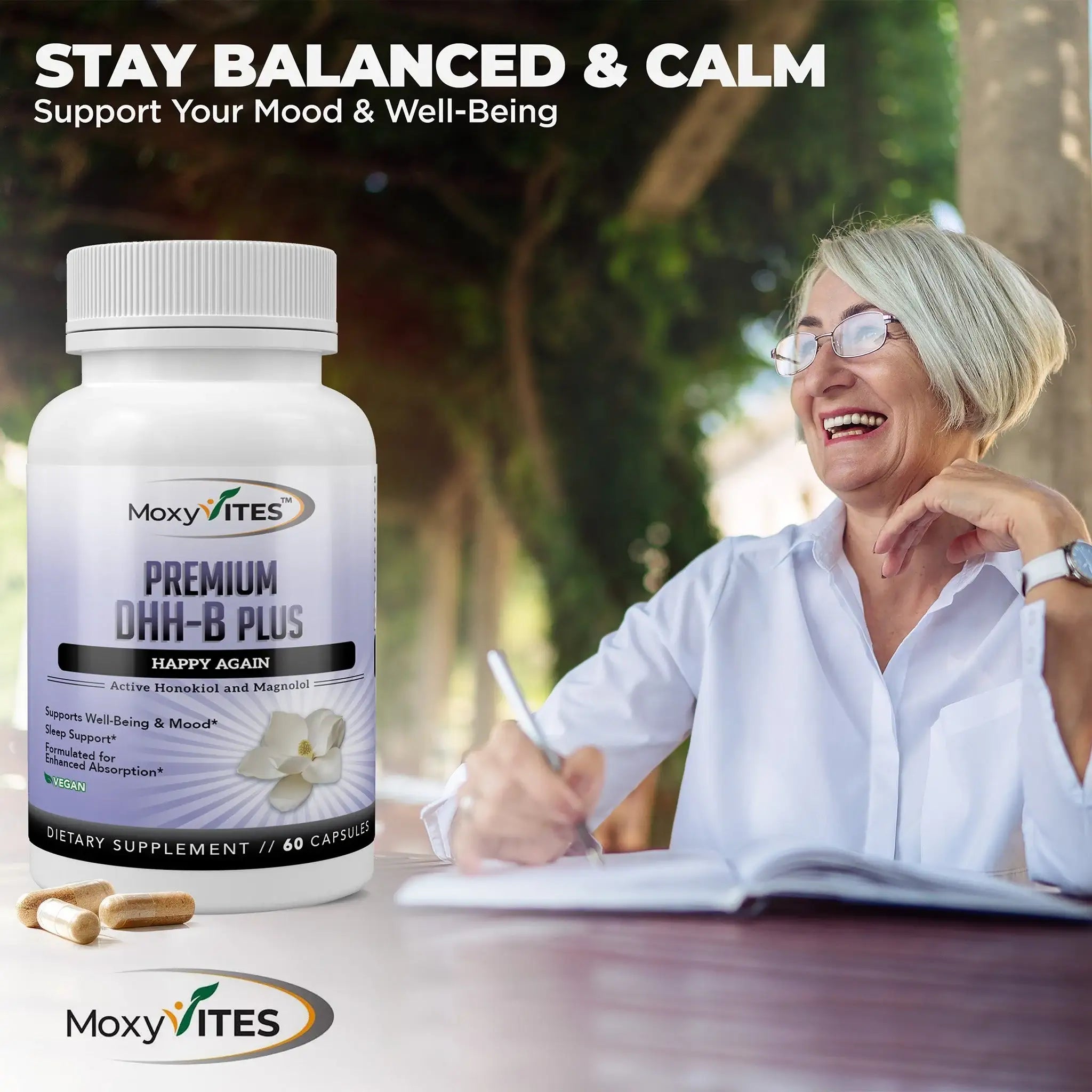 infographic showing benefits of MoxyVites DHH-B mood and calm