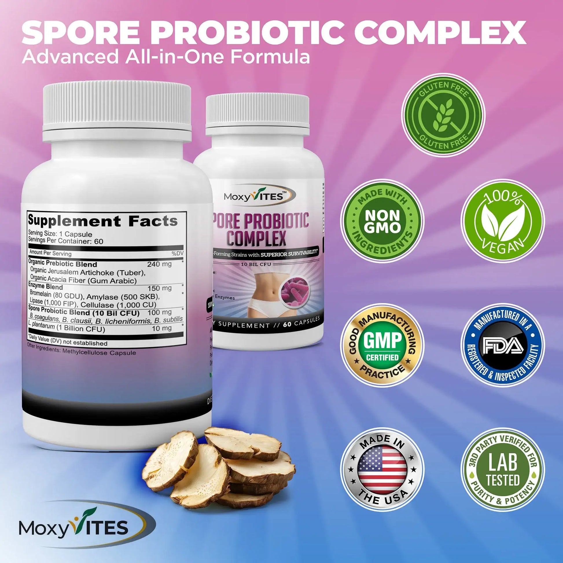 infographic showing benefits of MoxyVites Spore Probiotic non-gmo