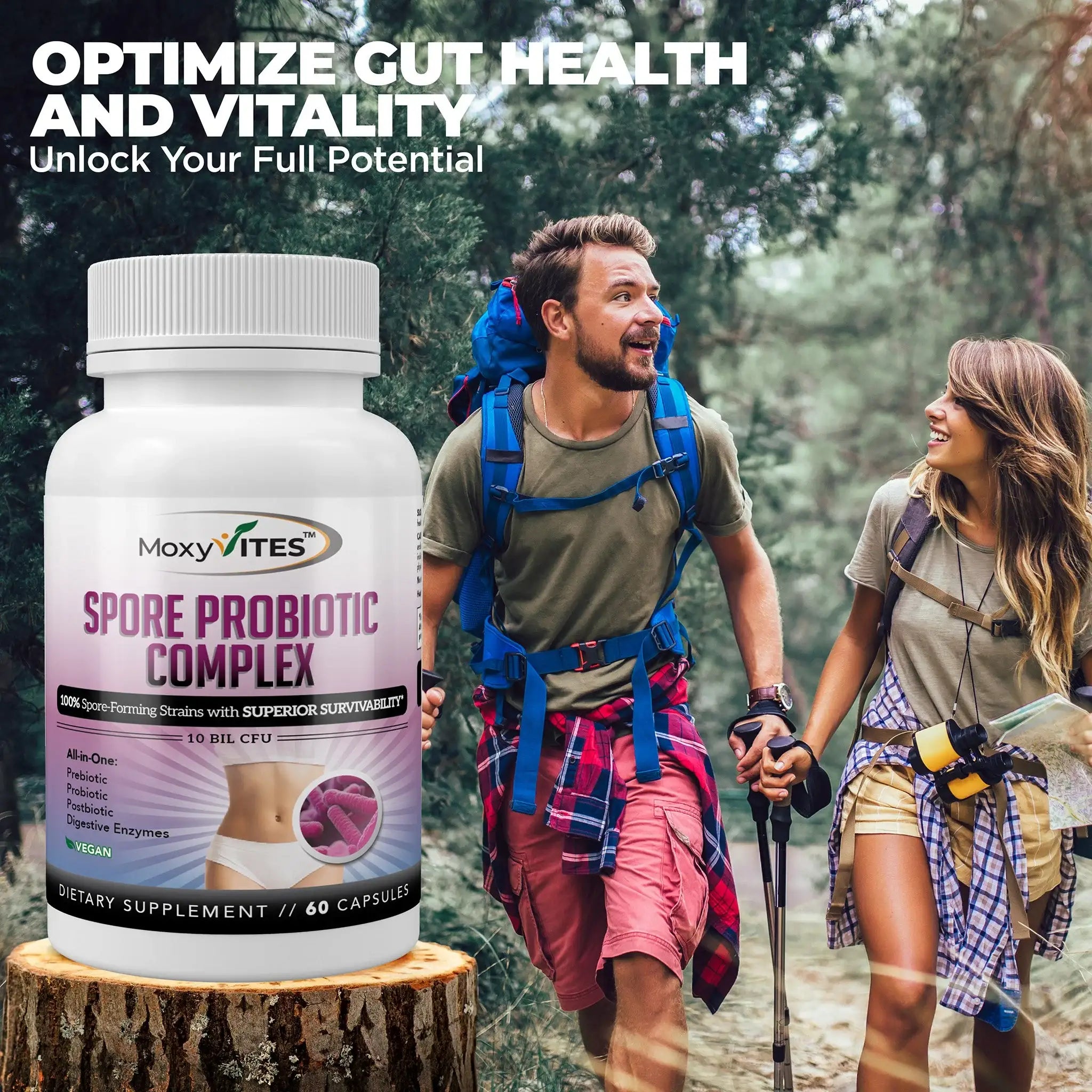 infographic showing benefits of MoxyVites Spore Probiotic gut health and vitality