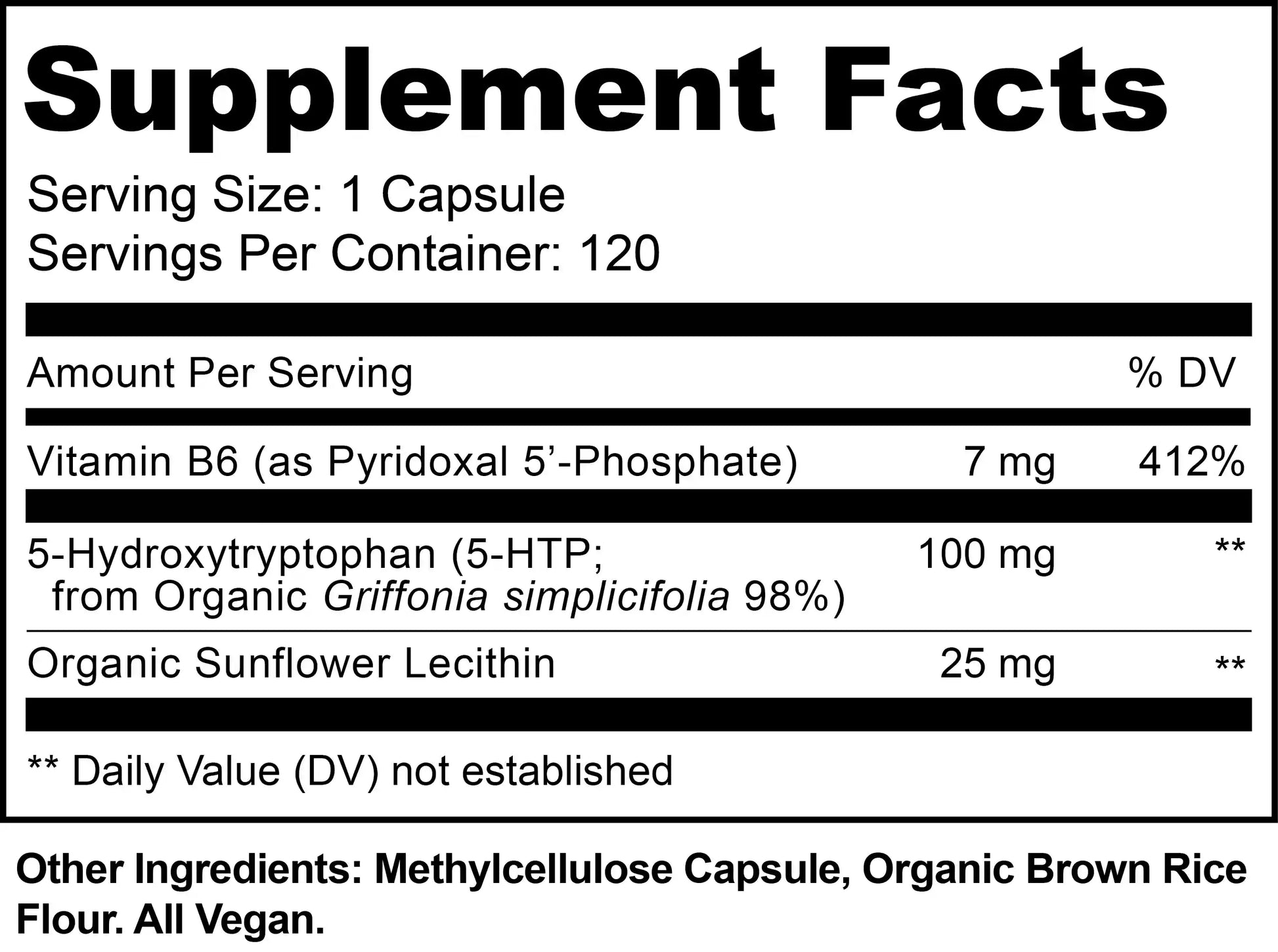 5-HTP Supplement facts label with vitamins and ingredients on a white background