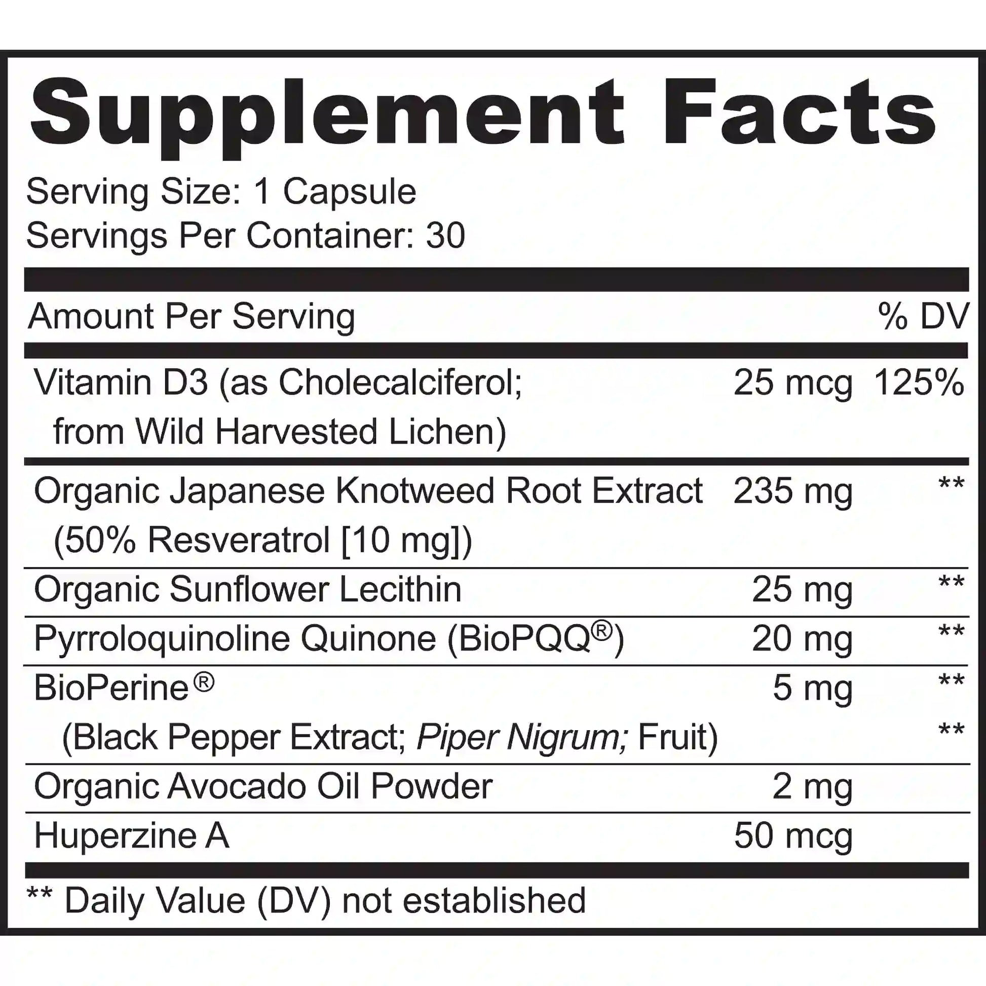 MoxyVites PQQ MitoRestore Supplement facts label with various ingredients and their amounts per serving