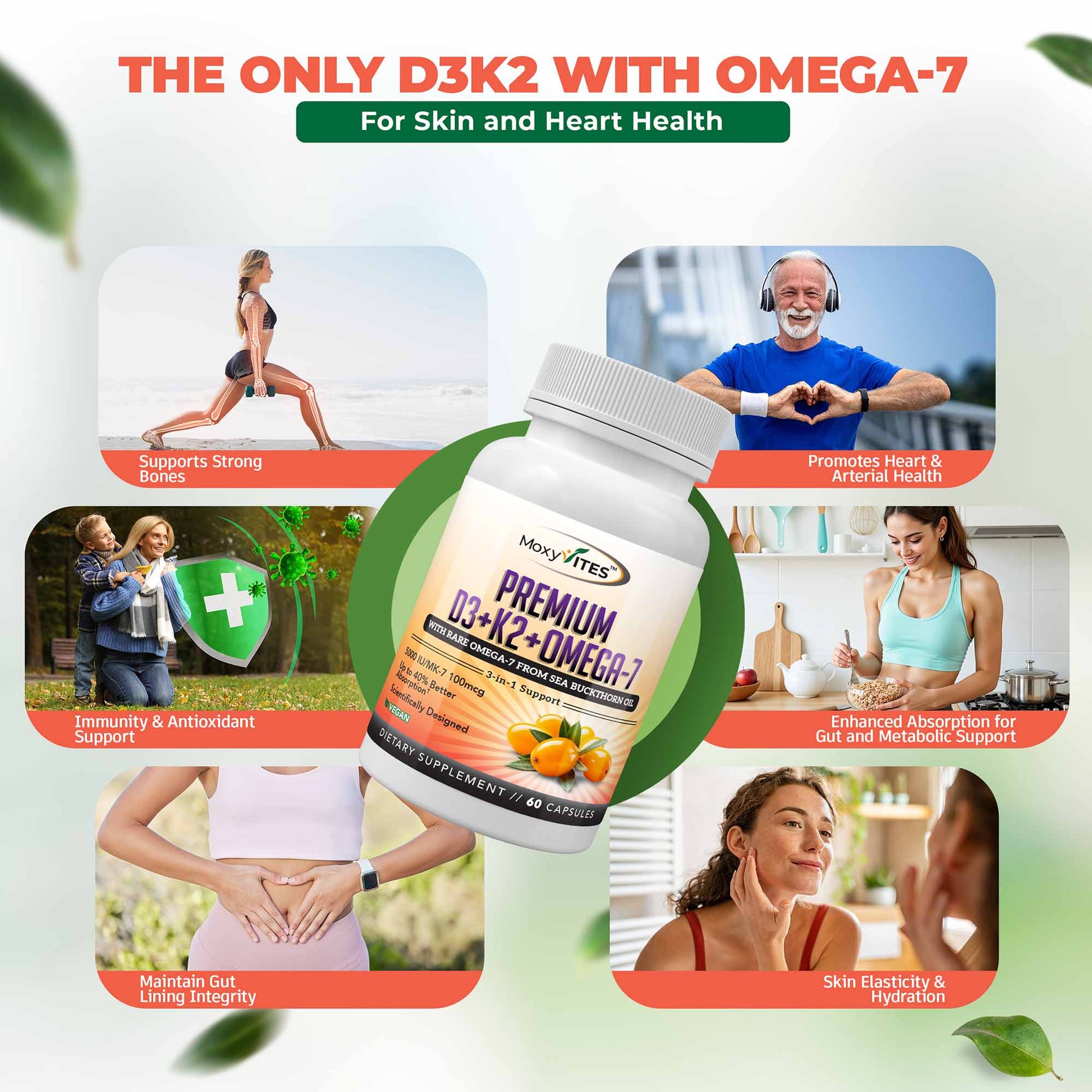 Supplement bottle with health benefits text and lifestyle images on a light green background