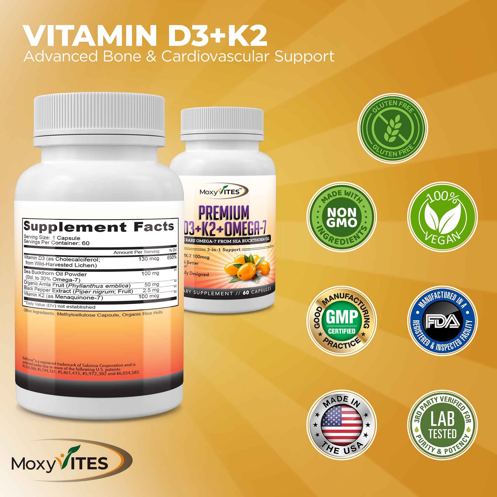 Two bottles of Vitamin D3+K2 supplements with various certification logos on a yellow background.