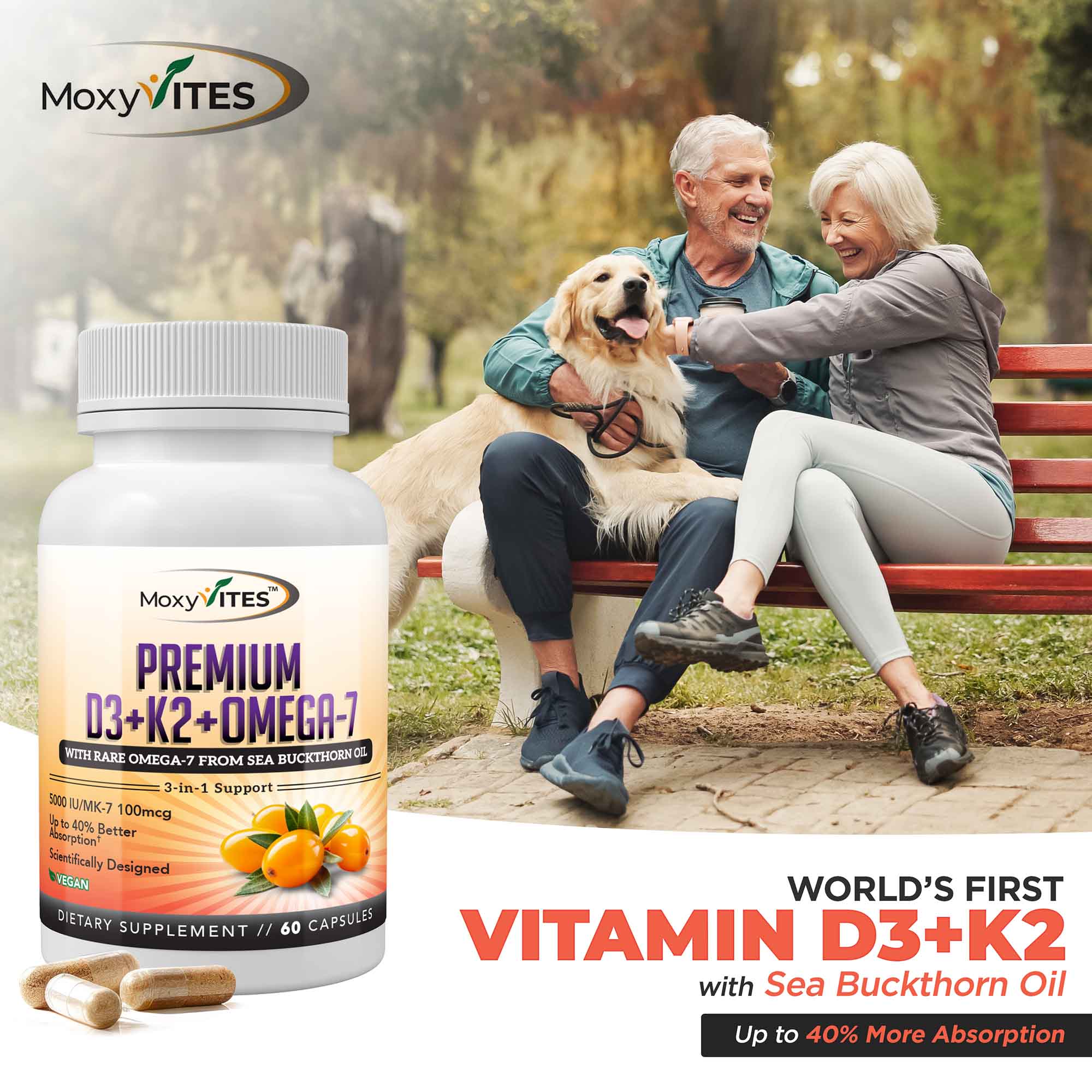 Supplement bottle with elderly couple and dog in a park setting