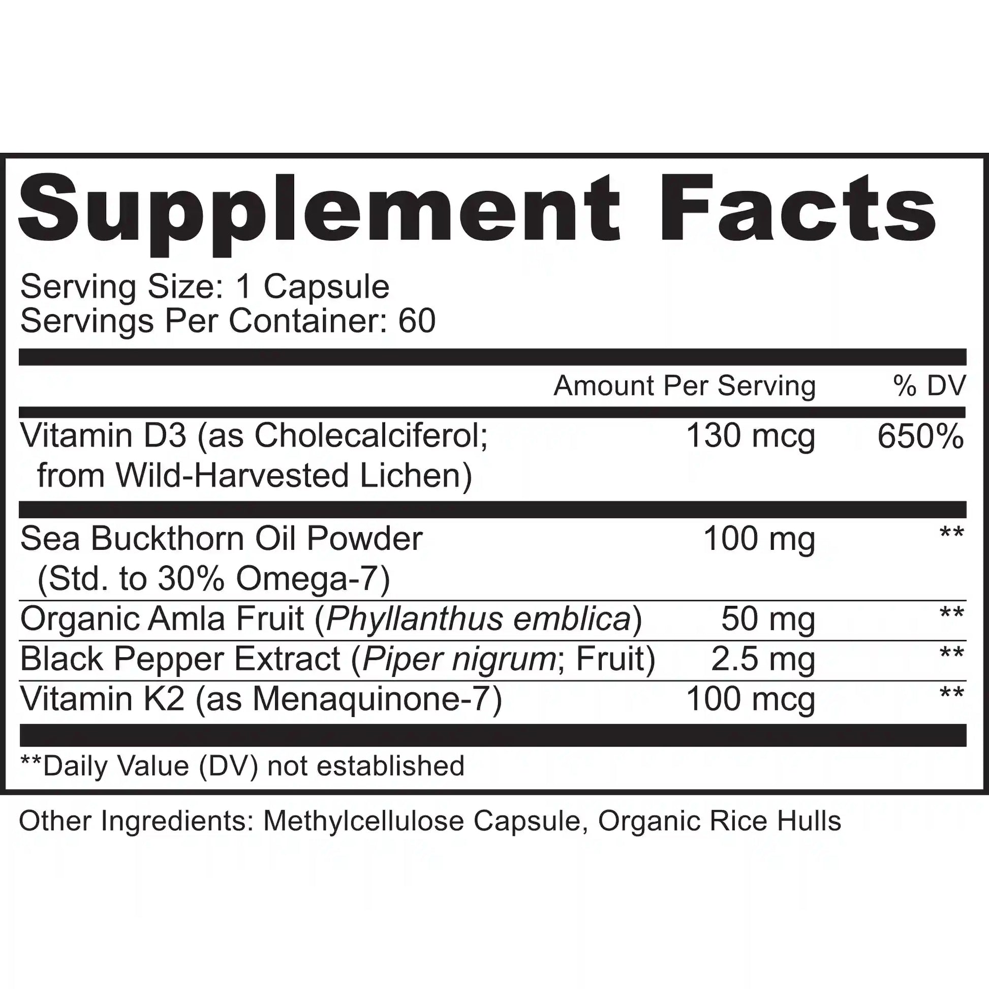 Vitamin D3 Supplement facts label with detailed nutritional information on a white background