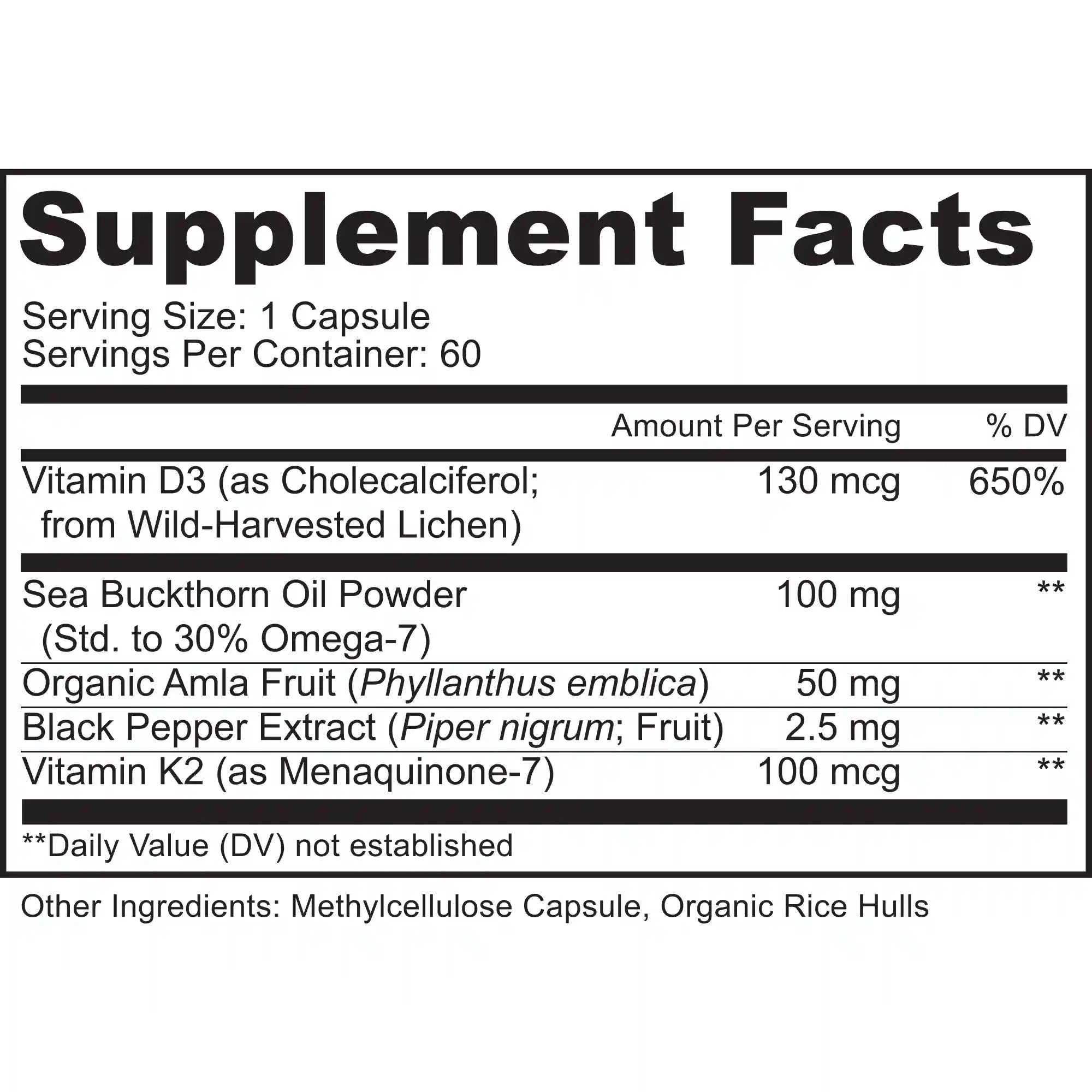 Vitamin D3 Supplement facts label with detailed nutritional information on a white background