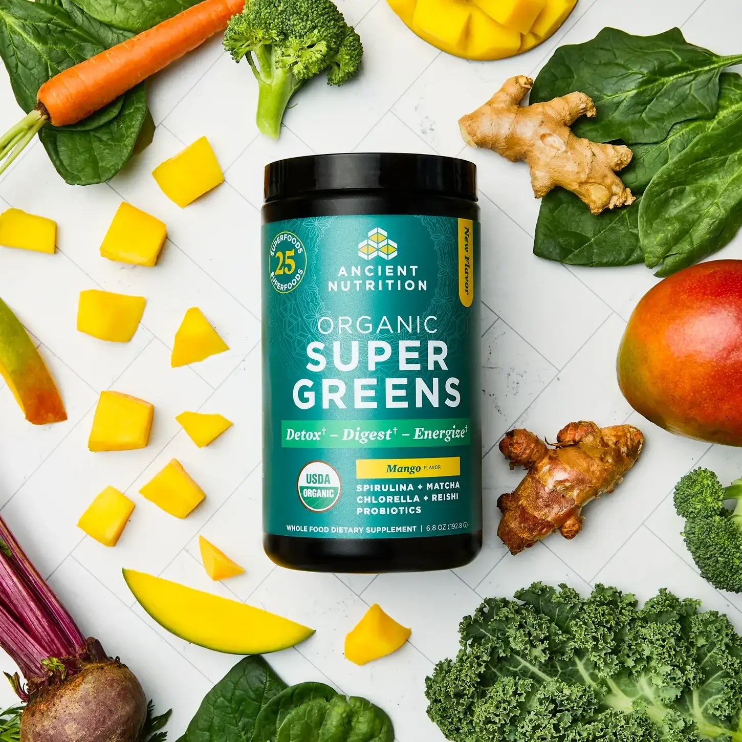 Ancient Nutrition Supergreens Mango and Berry - 25 Servings with  Probiotics Enzymes Fermented Herbs for Gut Health Detox Immune Support