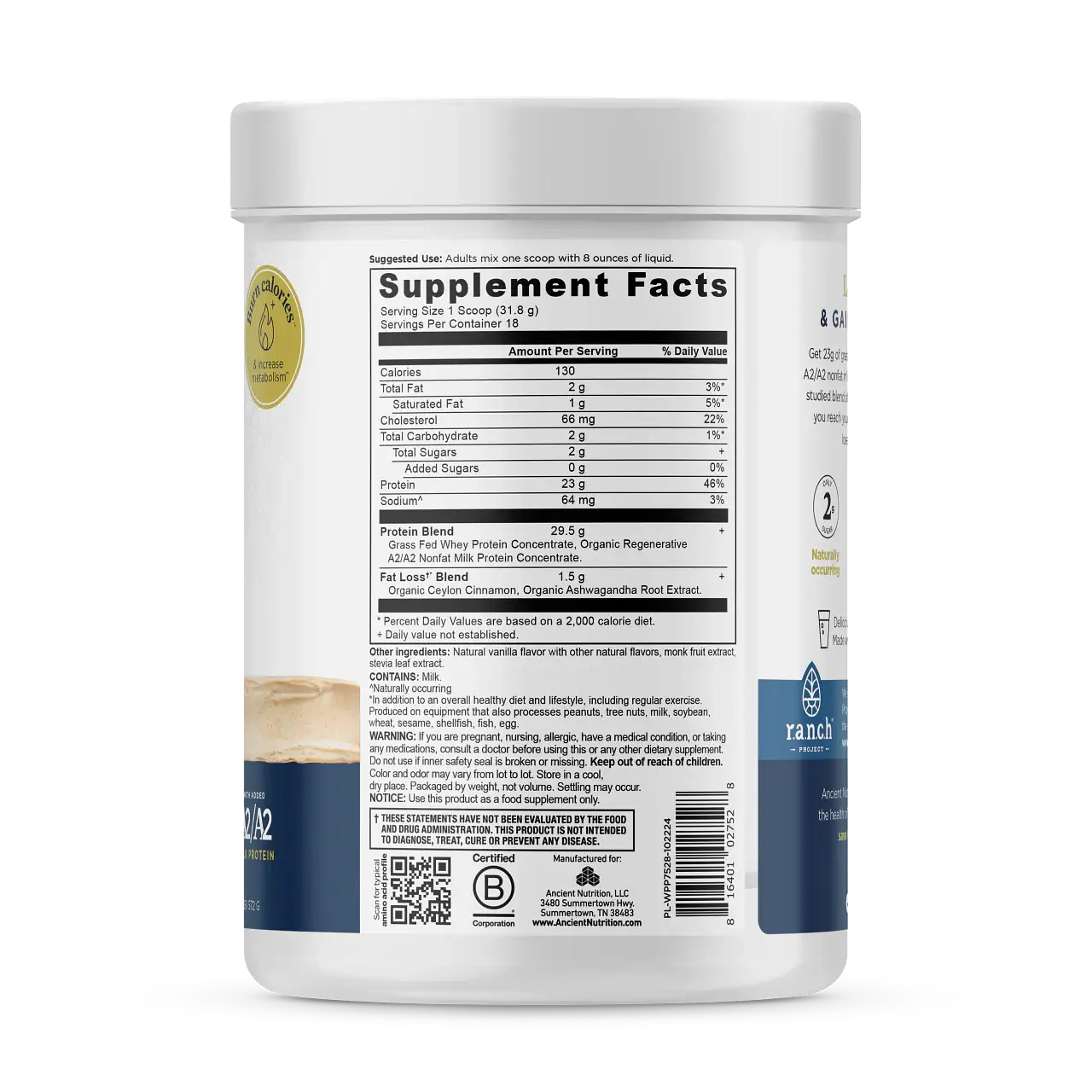 Ancient Nutrition Whey Protein + Fat Loss Blend - Vanilla Cinnamon 23g A2 Grass-Fed with  BCAAs Supports Fat Loss Muscle Gain HSA FSA Eligible 20 Servings