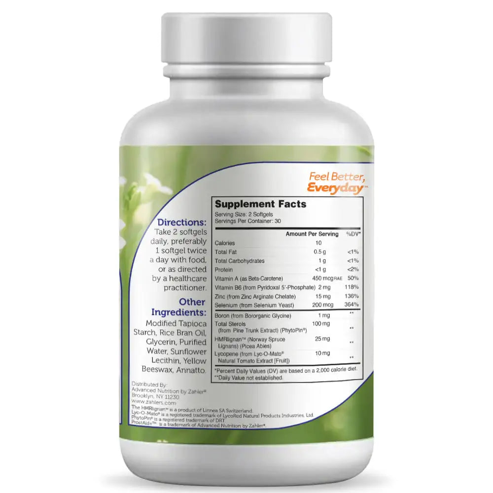 Zahler ProstAid+ Prostate Support with Saw Palmetto, Zinc, Selenium & Lycopene - Complete Formula - 60 Capsules - HSA/FSA Eligible