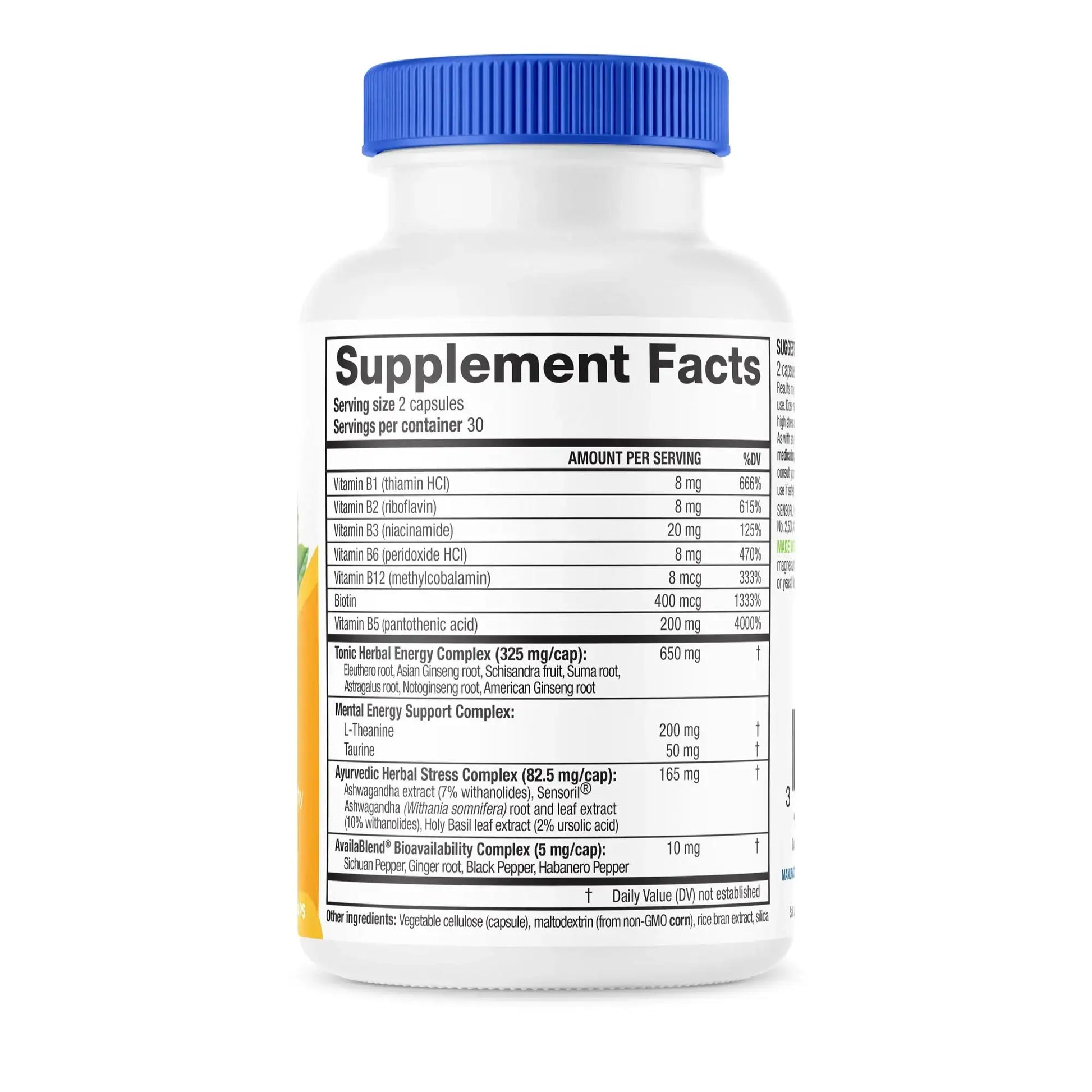 Close-up of AdrenaLove's nutrition label showing detailed ingredient and dosage information.