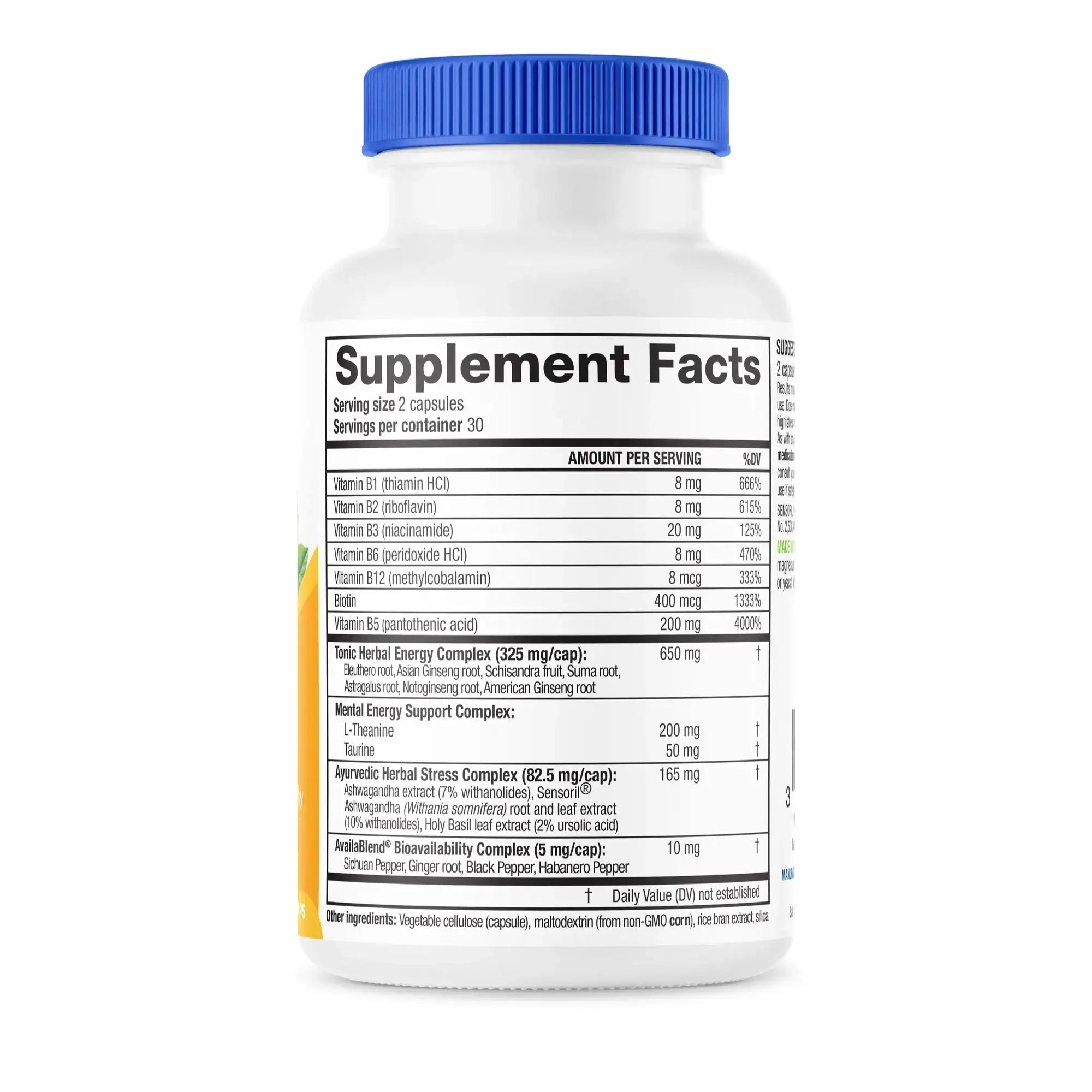 Close-up of AdrenaLove's nutrition label showing detailed ingredient and dosage information.