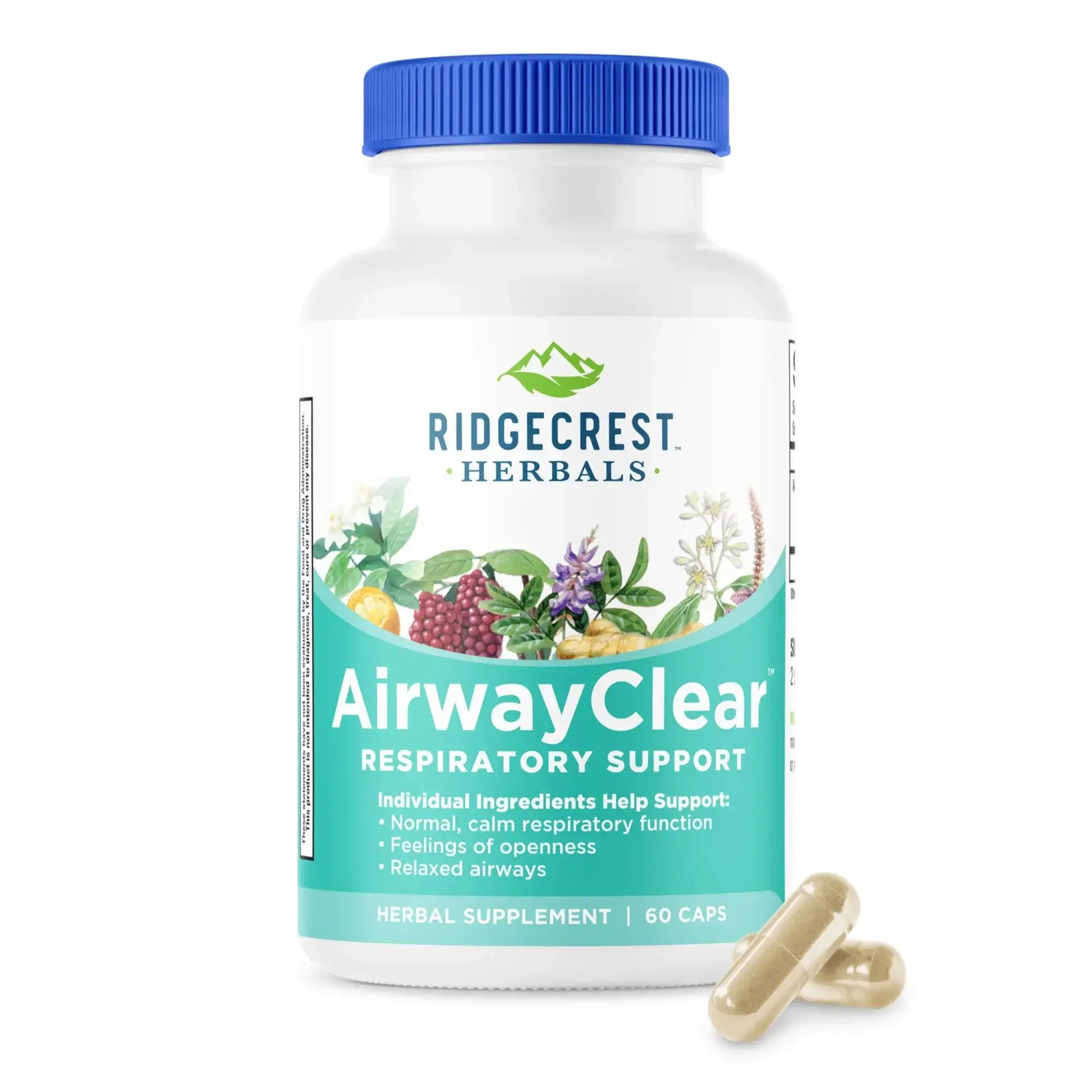Airway Clear supplement bottle on a white background, with two capsules in front