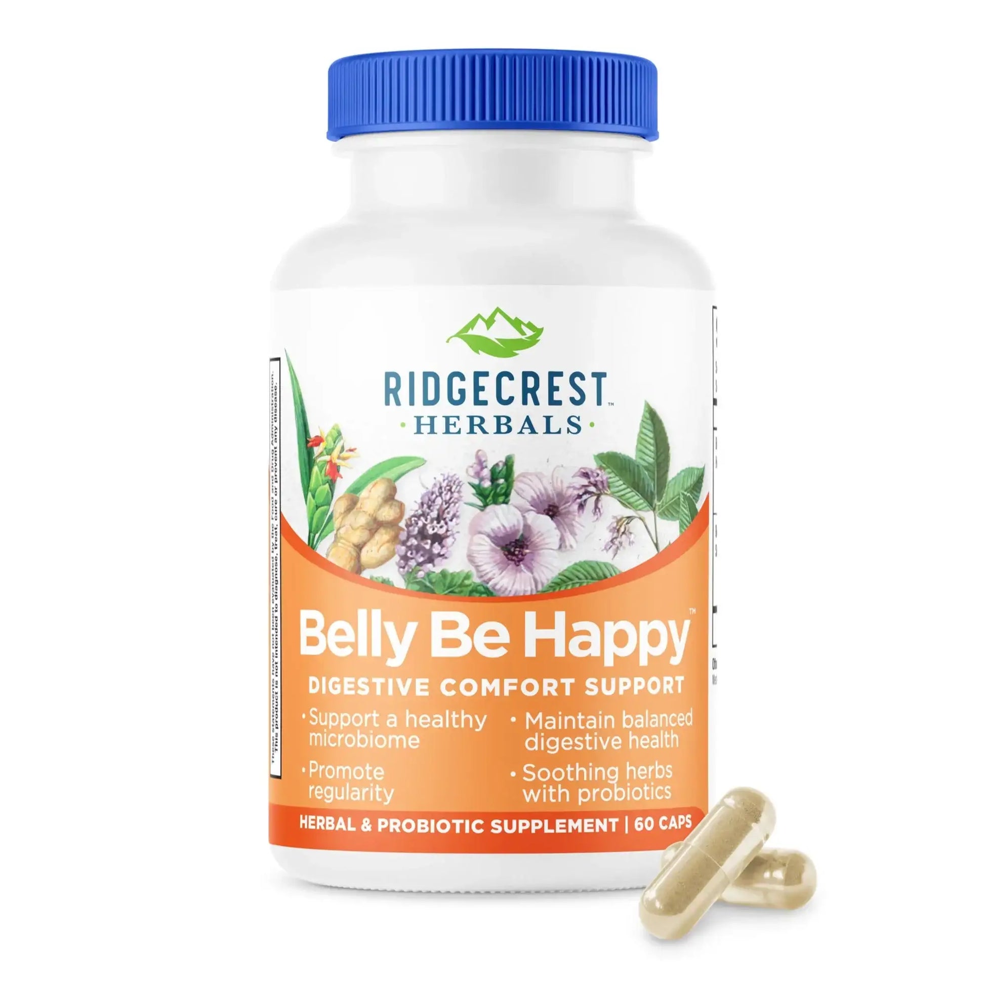 Belly Be Happy supplement bottle on a white background, with two capsules in front
