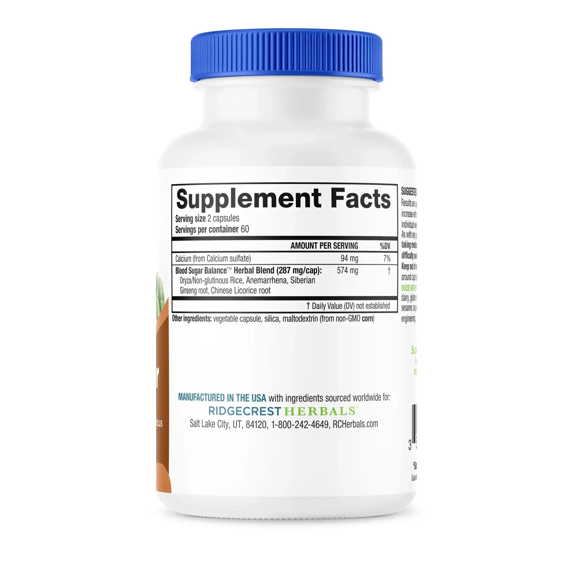 Close-up of Blood Sugar Balance's nutrition label showing detailed ingredient and dosage information.