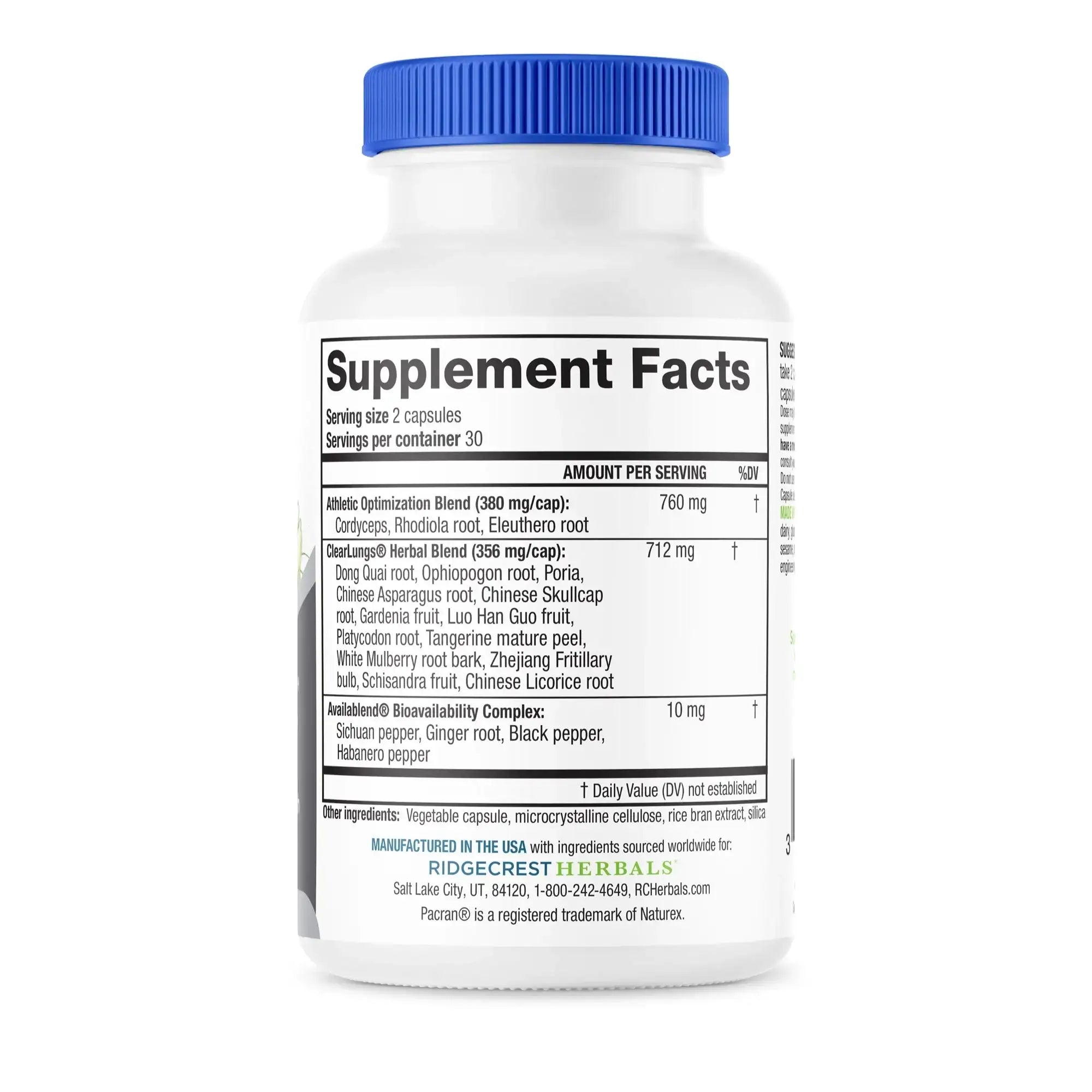 Close-up of ClearLungs Sport's nutrition label showing detailed ingredient and dosage information.
