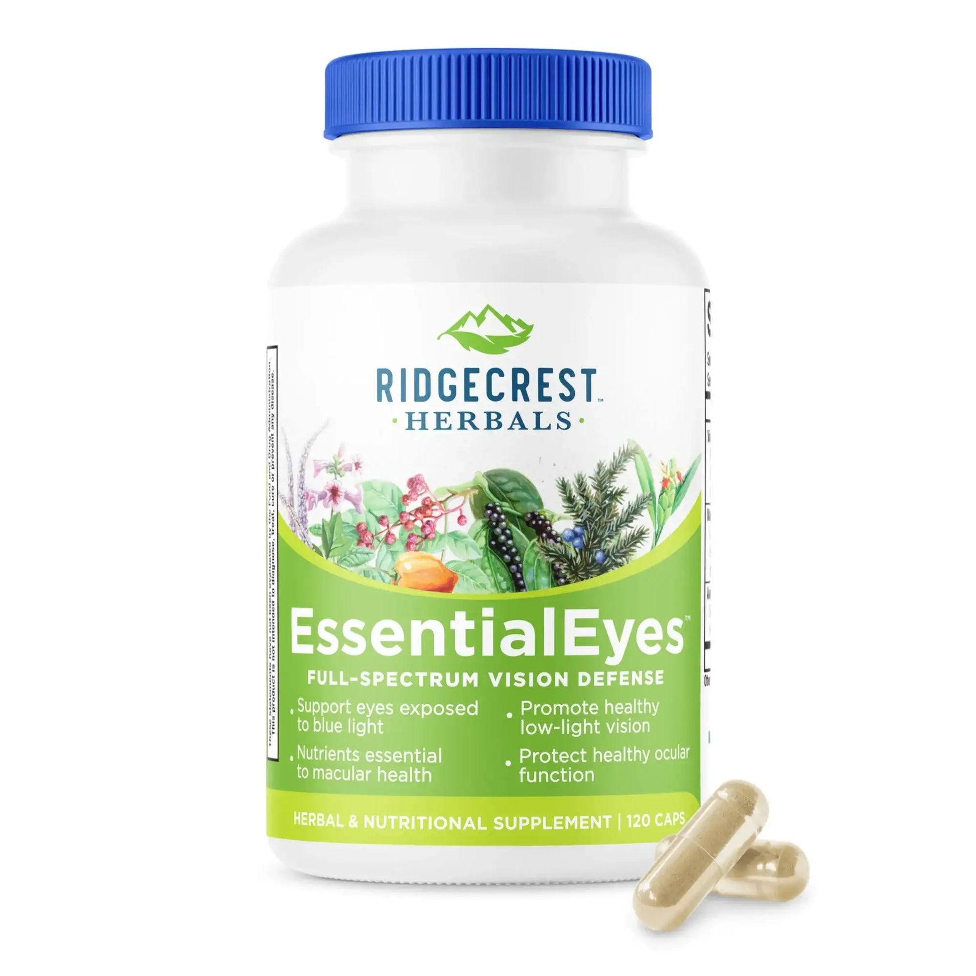 Essential Eyes supplement bottle on a white background, with two capsules in front