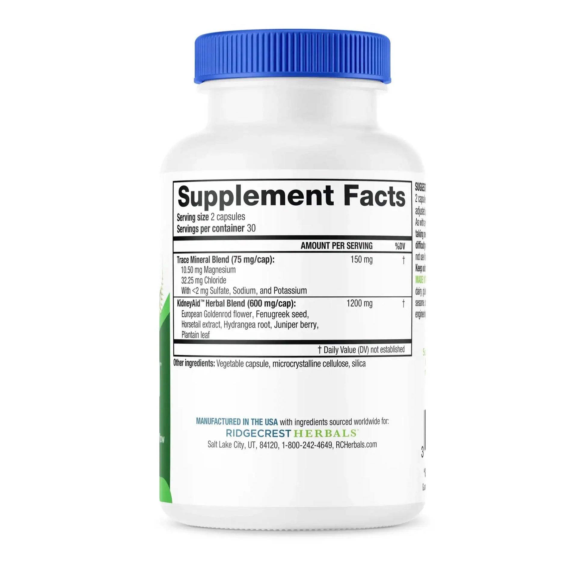 Close-up of KidneyAid's nutrition label showing detailed ingredient and dosage information.
