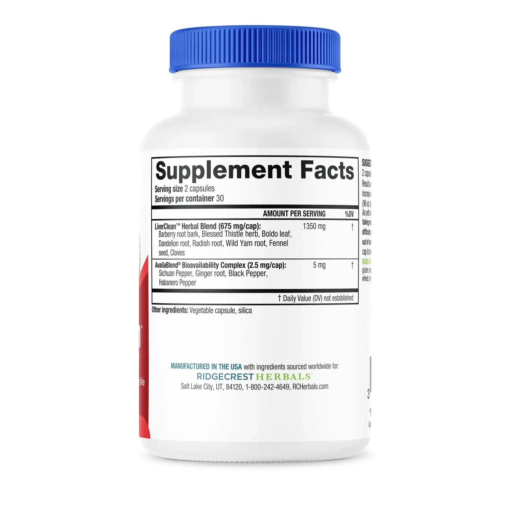 Close-up of LiverClean's nutrition label showing detailed ingredient and dosage information.
