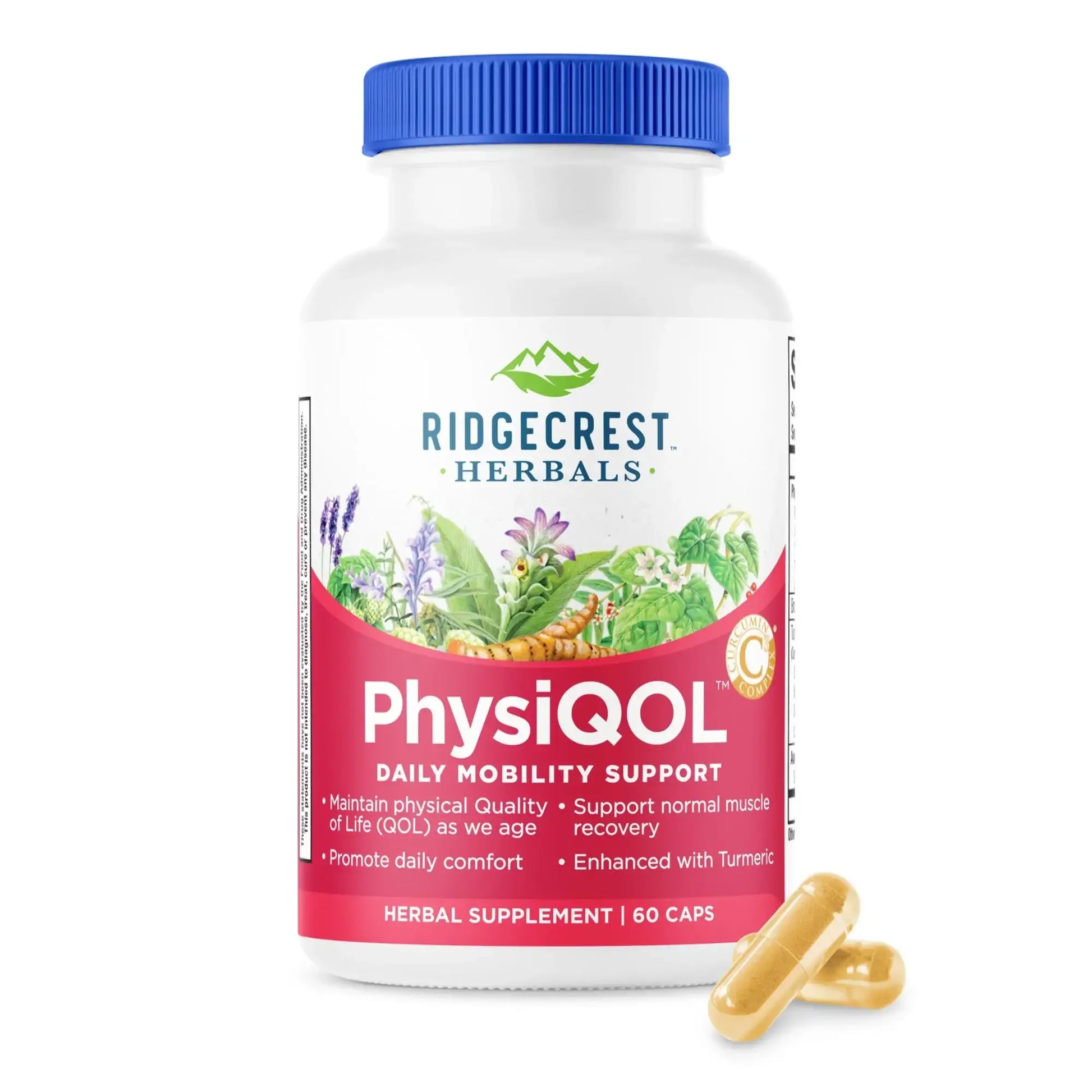 PhysiQOL supplement bottle on a white background, with two capsules in front