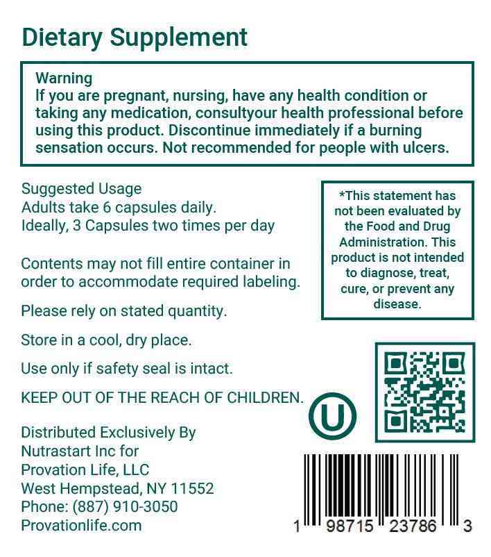 Back label of Inositol Plus Capsules by Provation Life showing dosage, ingredients, and FDA disclaimer for fertility and ovulation support supplement.