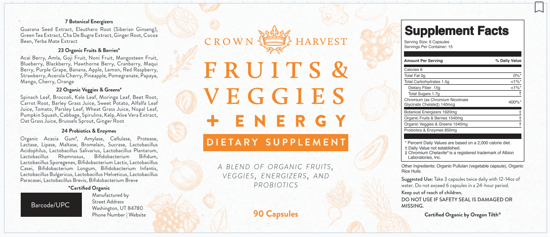 Crown Harvest Organic Fruits & Vegetables + Energy - Non GMO, Vegan, 90 Capsules
