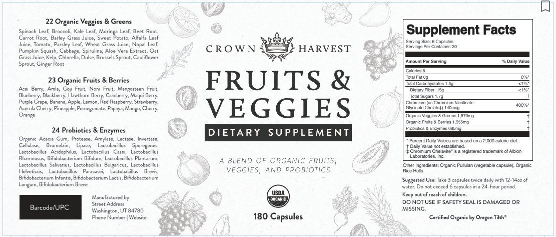 Crown Harvest Organic Fruits & Vegetables - Non GMO, Vegan, Gluten-Free, 180 capsules, 30 day supply