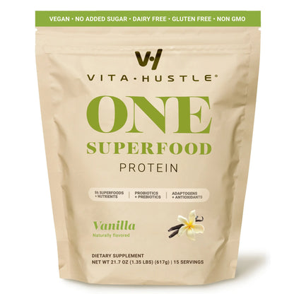 VitaHustle Superfood Protein Vanilla Powder 15 Servings -  Plant-Based Blend with 30 Nutrients Prebiotics Adaptogens HSA FSA Eligible