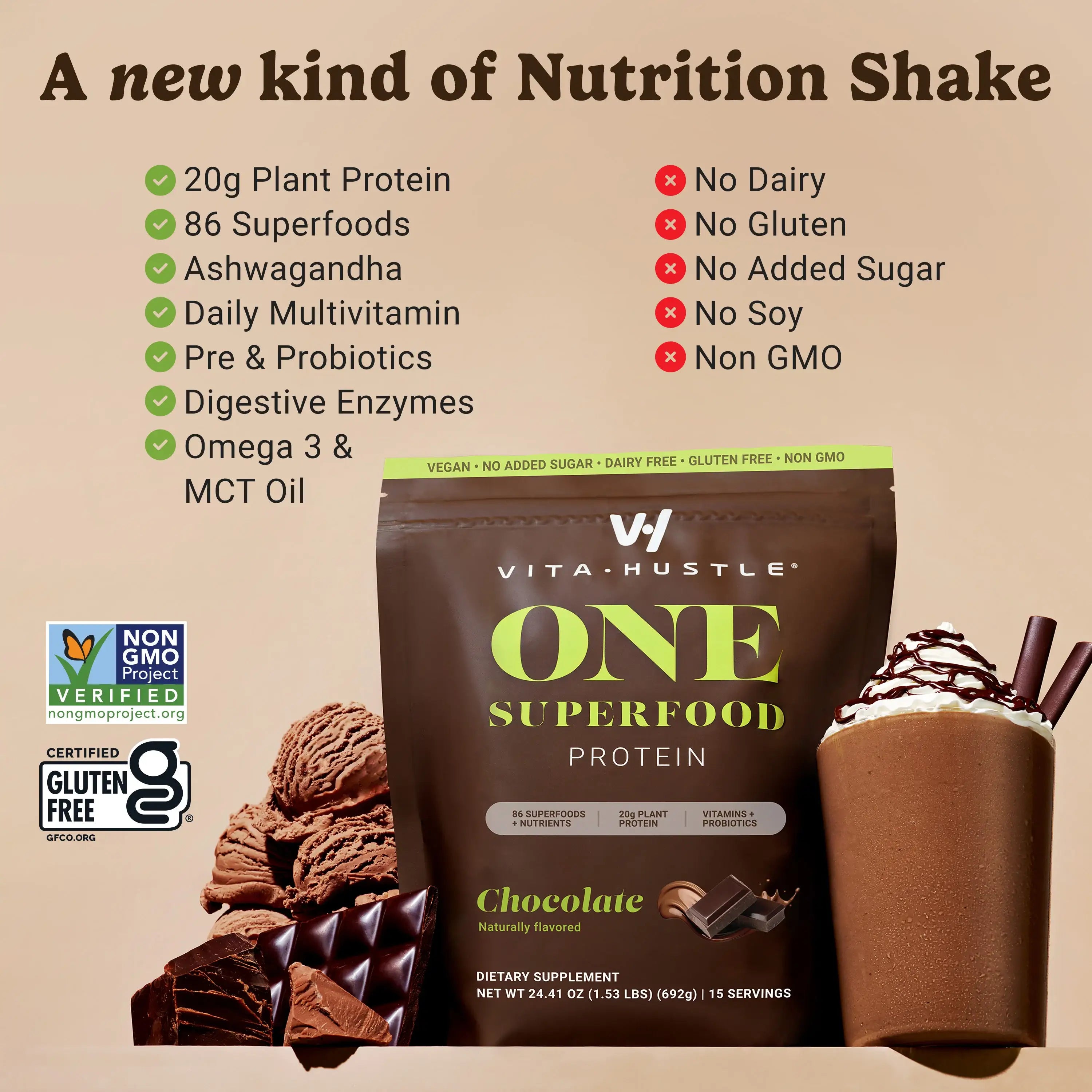 VitaHustle ONE Superfood Protein Chocolate - 86 Superfoods with  Daily Multivitamin Adaptogens Probiotics - Plant-Based HSA FSA Eligible Shake