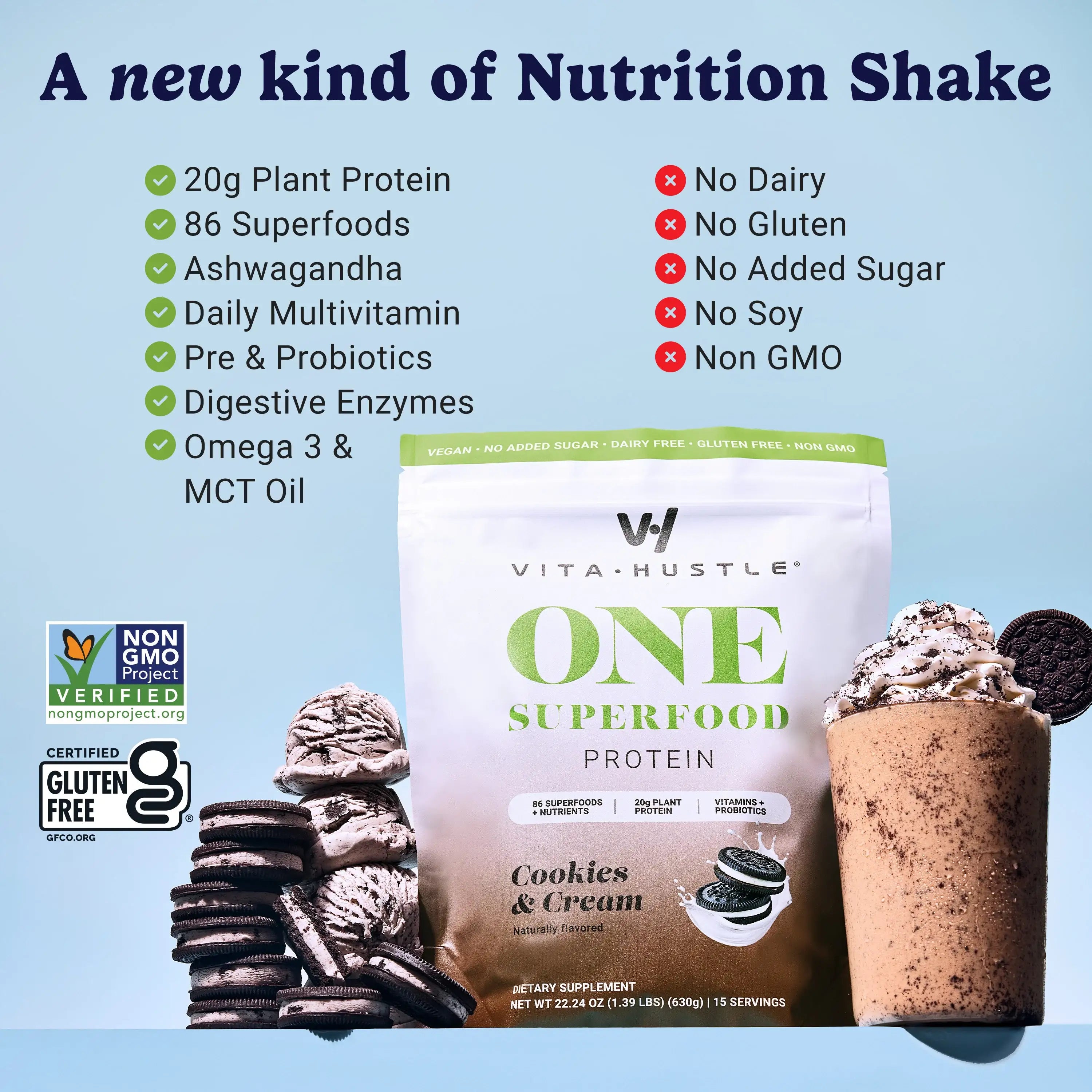 VitaHustle Protein Superfood - Cookies & Cream | Plant-Based Shake with  Probiotics, Greens, Antioxidants, Adaptogens, HSA/FSA Eligible