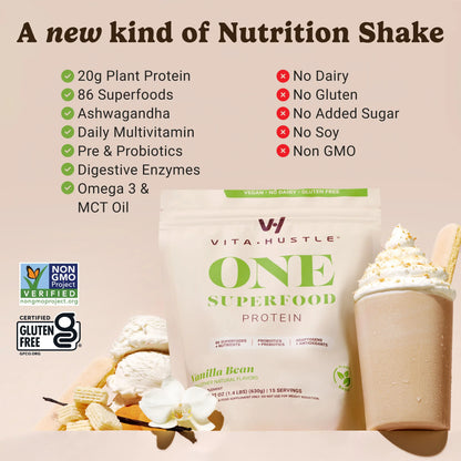VitaHustle Superfood Protein Vanilla Powder 15 Servings -  Plant-Based Blend with 30 Nutrients Prebiotics Adaptogens HSA FSA Eligible