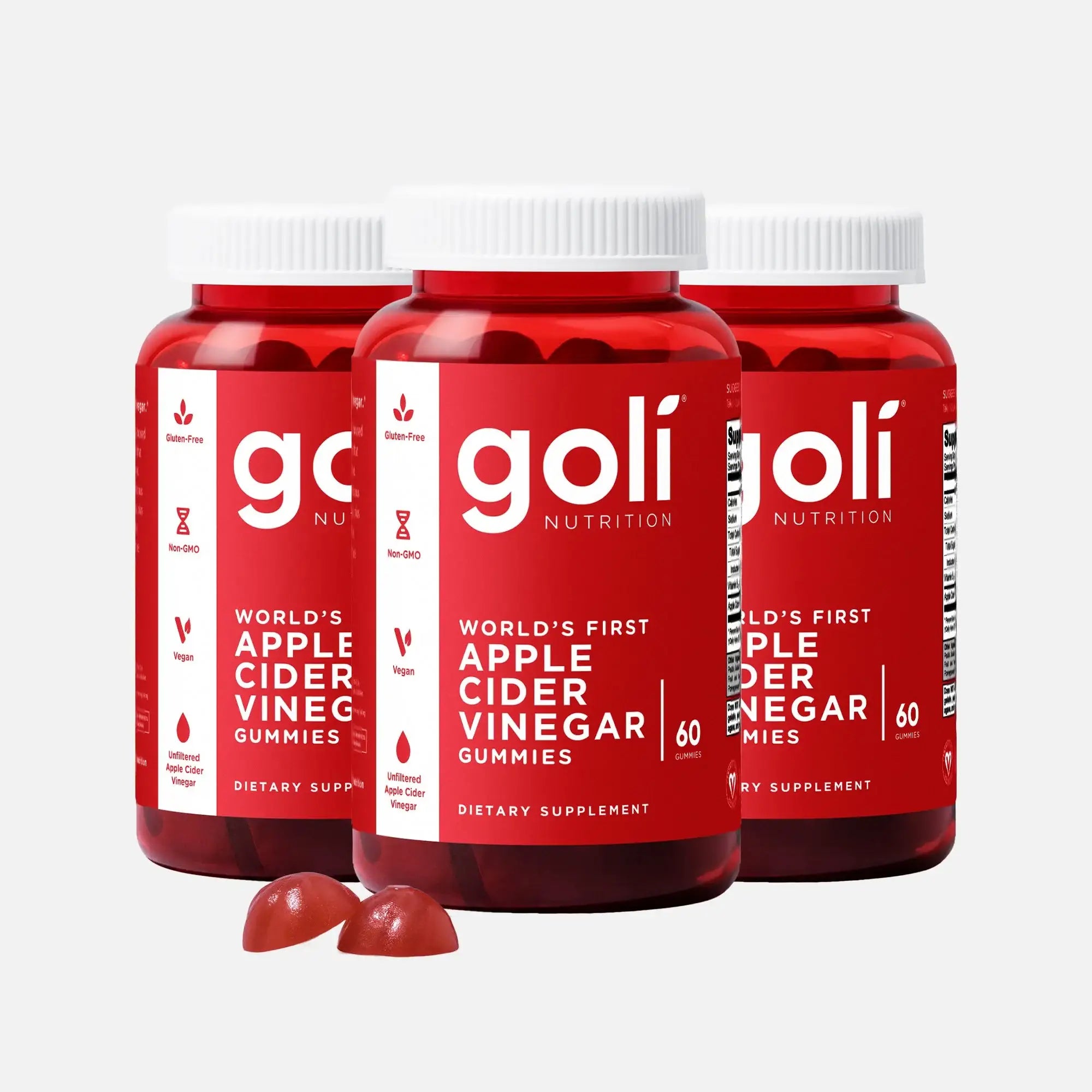 3 Bottles of Goli Nutrition Apple Cider Vinegar Gummies - America's Number One ACV Vitamin Brand - 60 Count