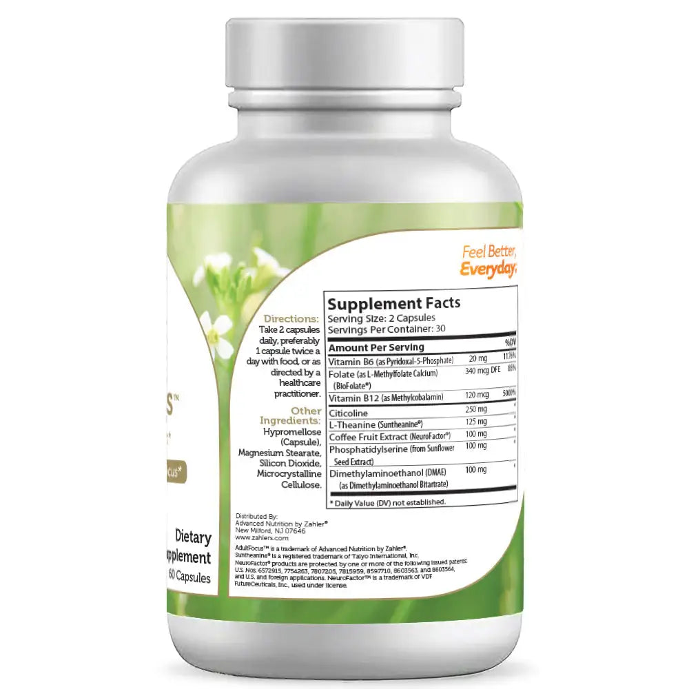 Zahler AdultFocus - Cognitive Support with Citicoline Lion’s Mane Cordyceps L-Theanine B12 Magnesium - 60 Capsules - HSA FSA Eligible