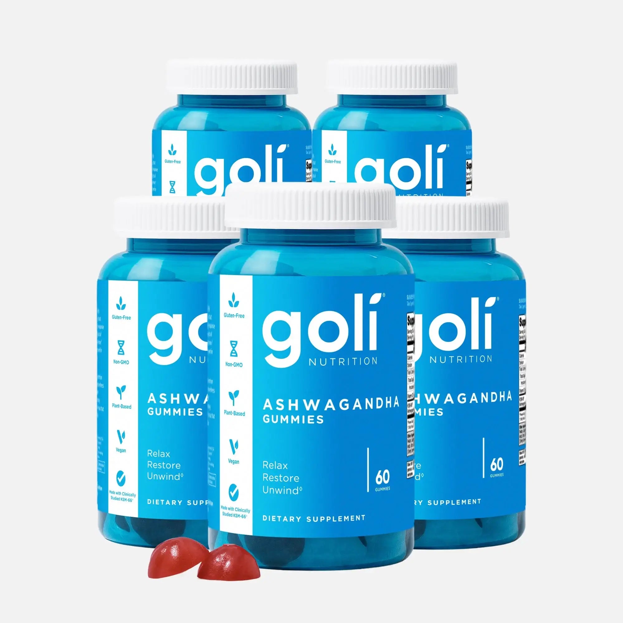 5 Bottles of Goli Ashwagandha & Vitamin D Gummy 60 Count - Relax. Restore. Unwind. (Mixed Berry, KSM-66, Vegan, Plant Based, Non-GMO, Gluten-Free & Gelatin Free)