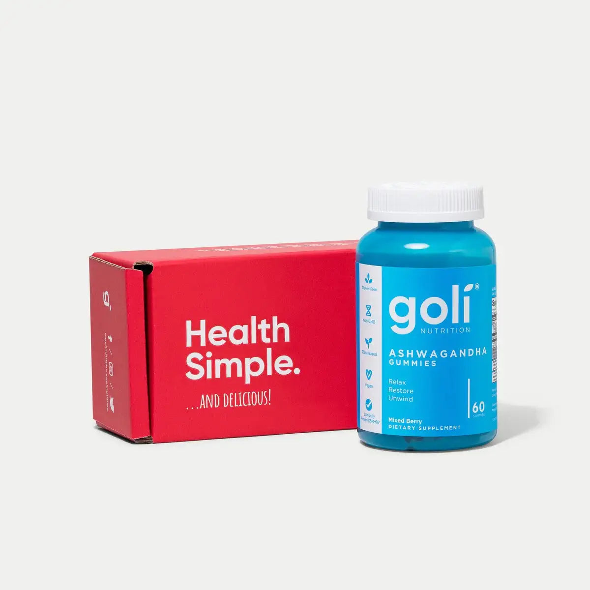 1 Bottle of Goli Ashwagandha & Vitamin D Gummy 60 Count - Relax. Restore. Unwind. (Mixed Berry, KSM-66, Vegan, Plant Based, Non-GMO, Gluten-Free & Gelatin Free)